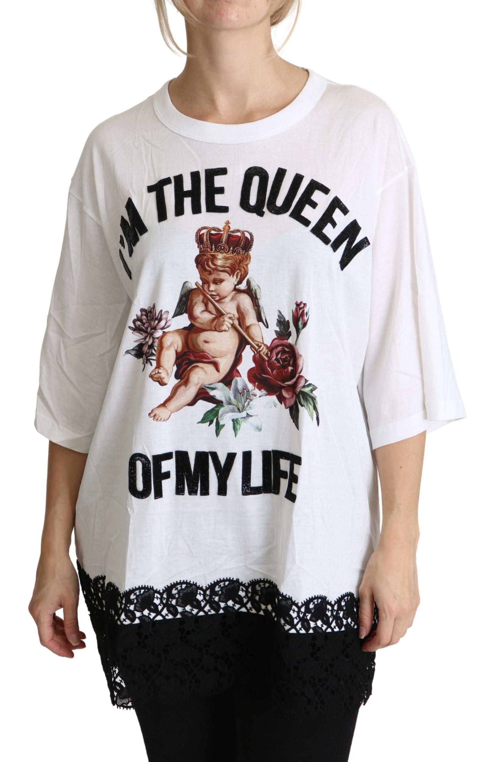 Dolce & Gabbana White Angel Print Cotton Crew Neck Shirt Tops