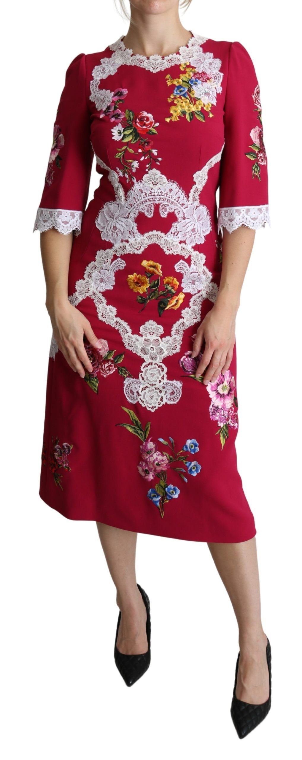 Dolce & Gabbana Red embroidered sheath dress with floral pattern