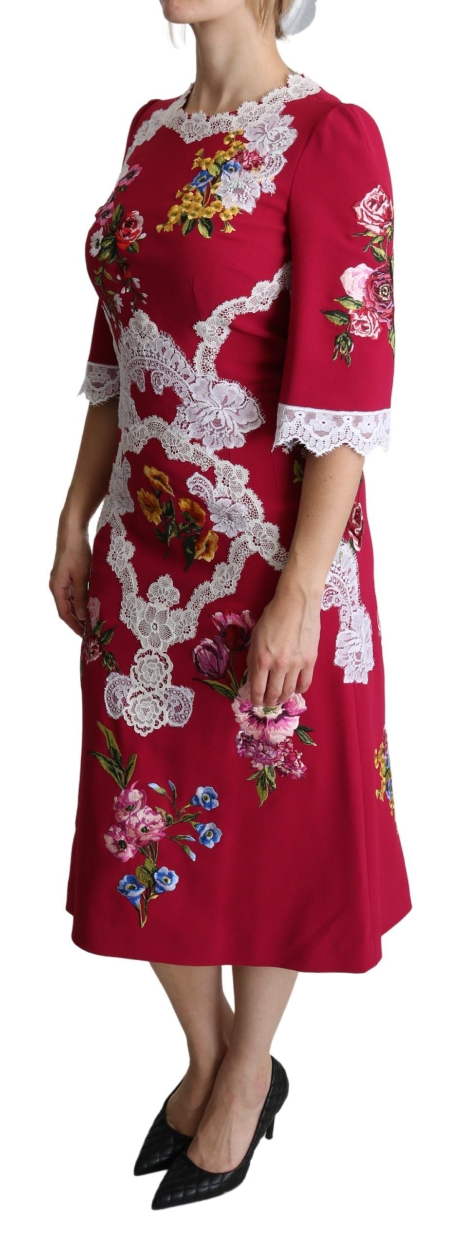Dolce & Gabbana Red embroidered sheath dress with floral pattern-3