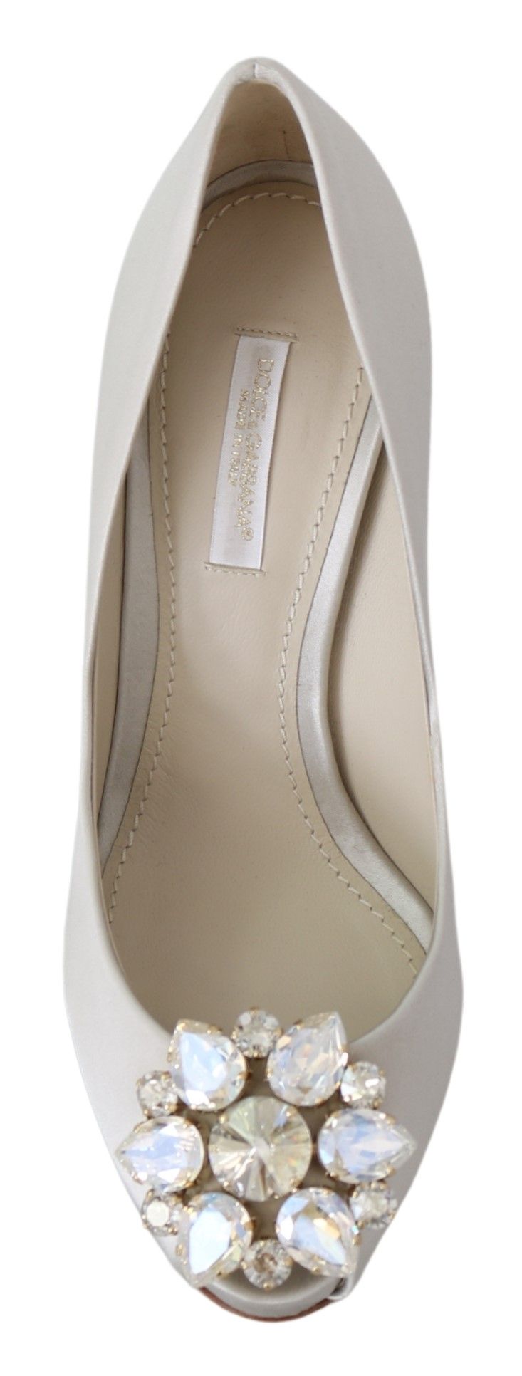 Dolce & Gabbana White Crystals Peep Toe Heels Satin Pumps Shoes-3