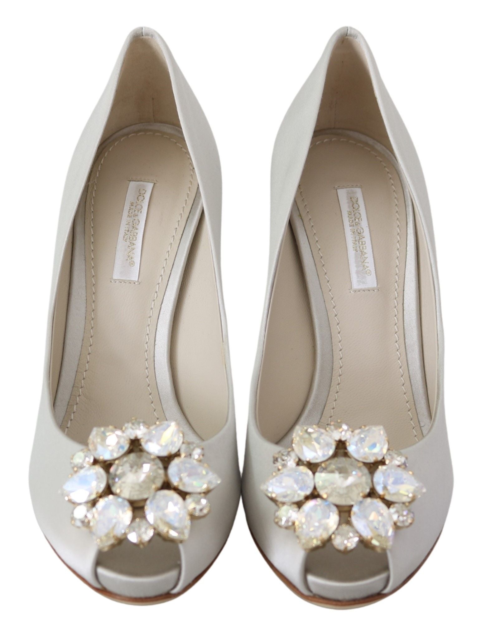 Dolce & Gabbana White Crystals Peep Toe Heels Satin Pumps Shoes-4