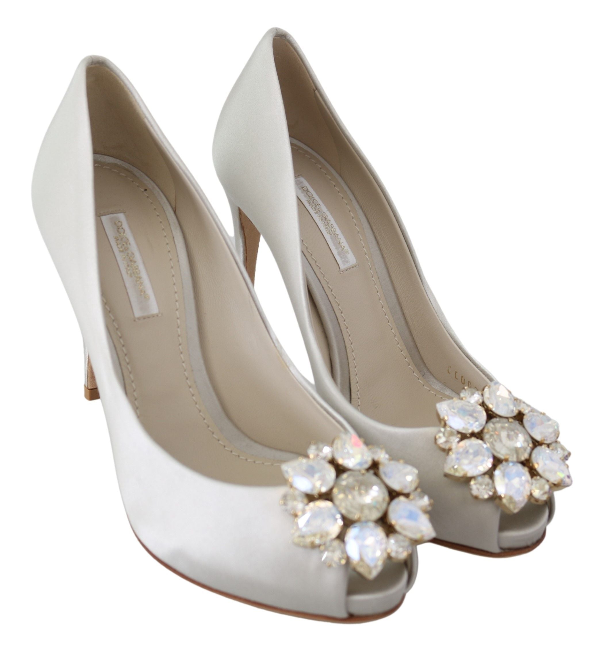 Dolce & Gabbana White Crystals Peep Toe Heels Satin Pumps Shoes-5