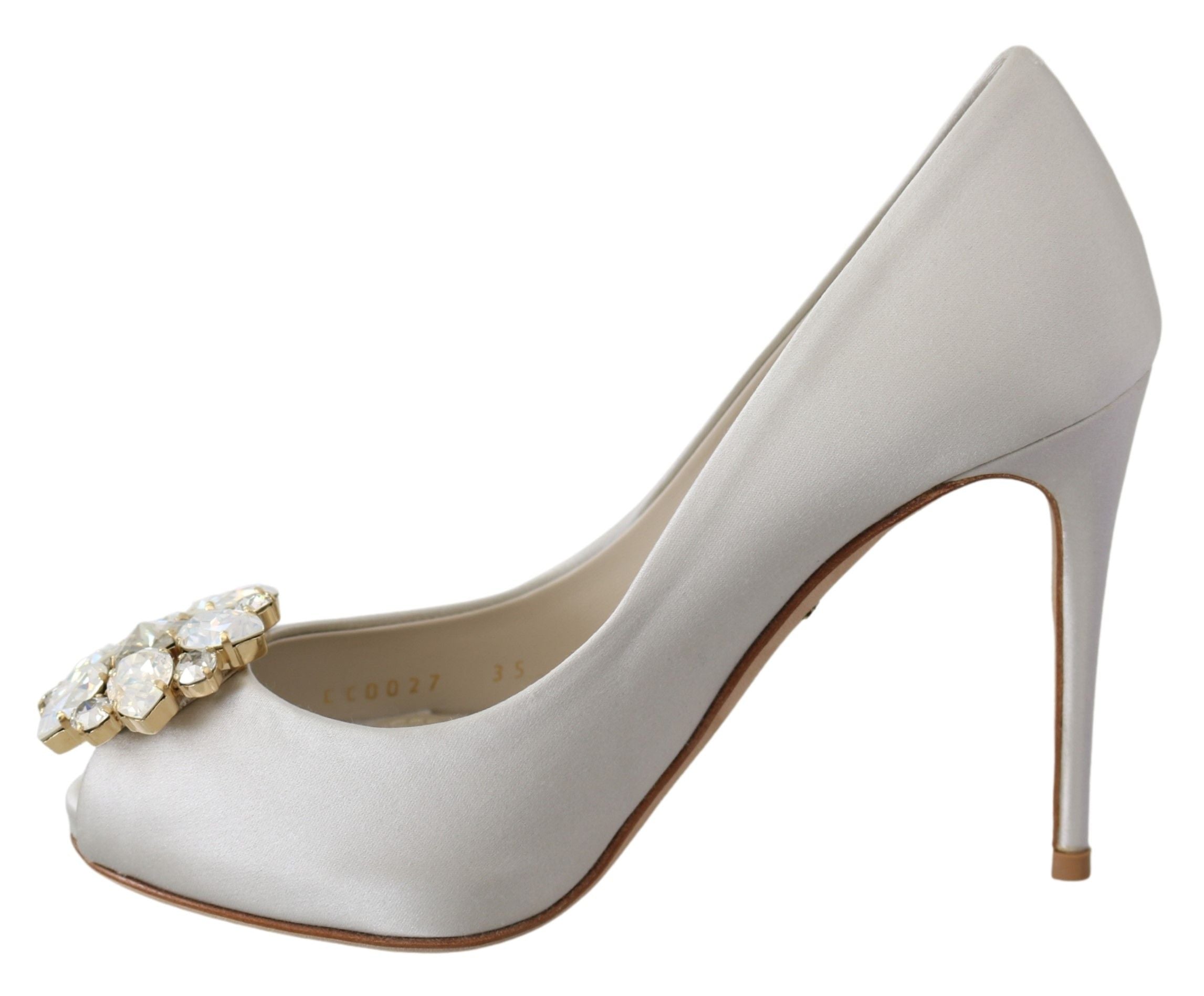 Dolce & Gabbana White Crystals Peep Toe Heels Satin Pumps Shoes-7