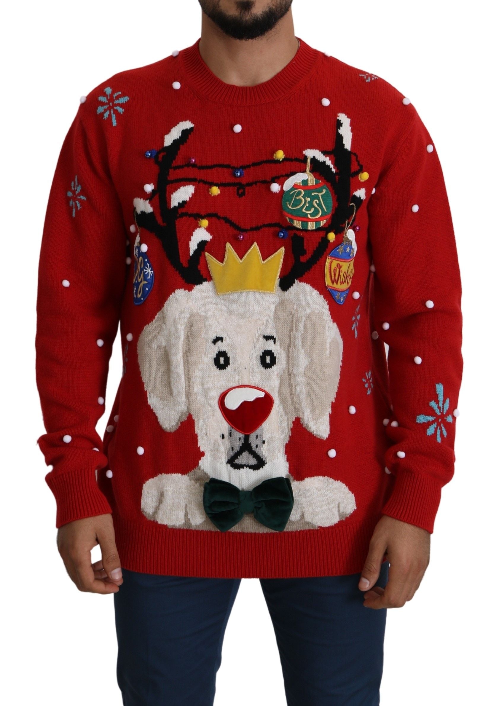 Dolce & Gabbana Red Christmas Dog Sweater Cashmere Sweater