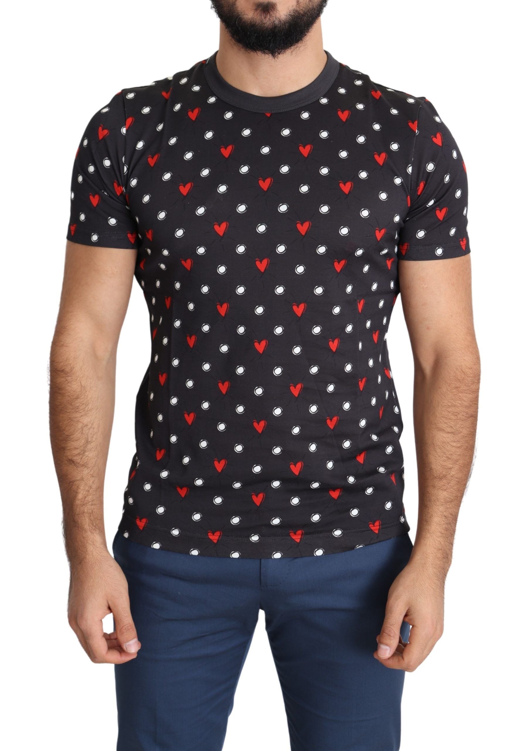 Dolce & Gabbana Dunkelgraues Baumwoll-T-Shirt mit Herzdruck für Männer-2