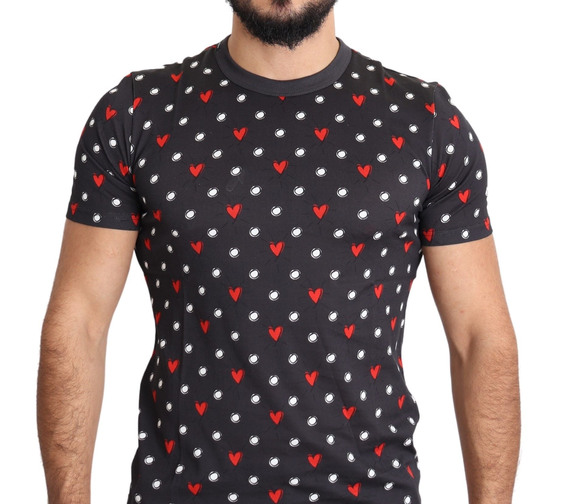 Dolce & Gabbana Dunkelgraues Baumwoll-T-Shirt mit Herzdruck für Männer-1