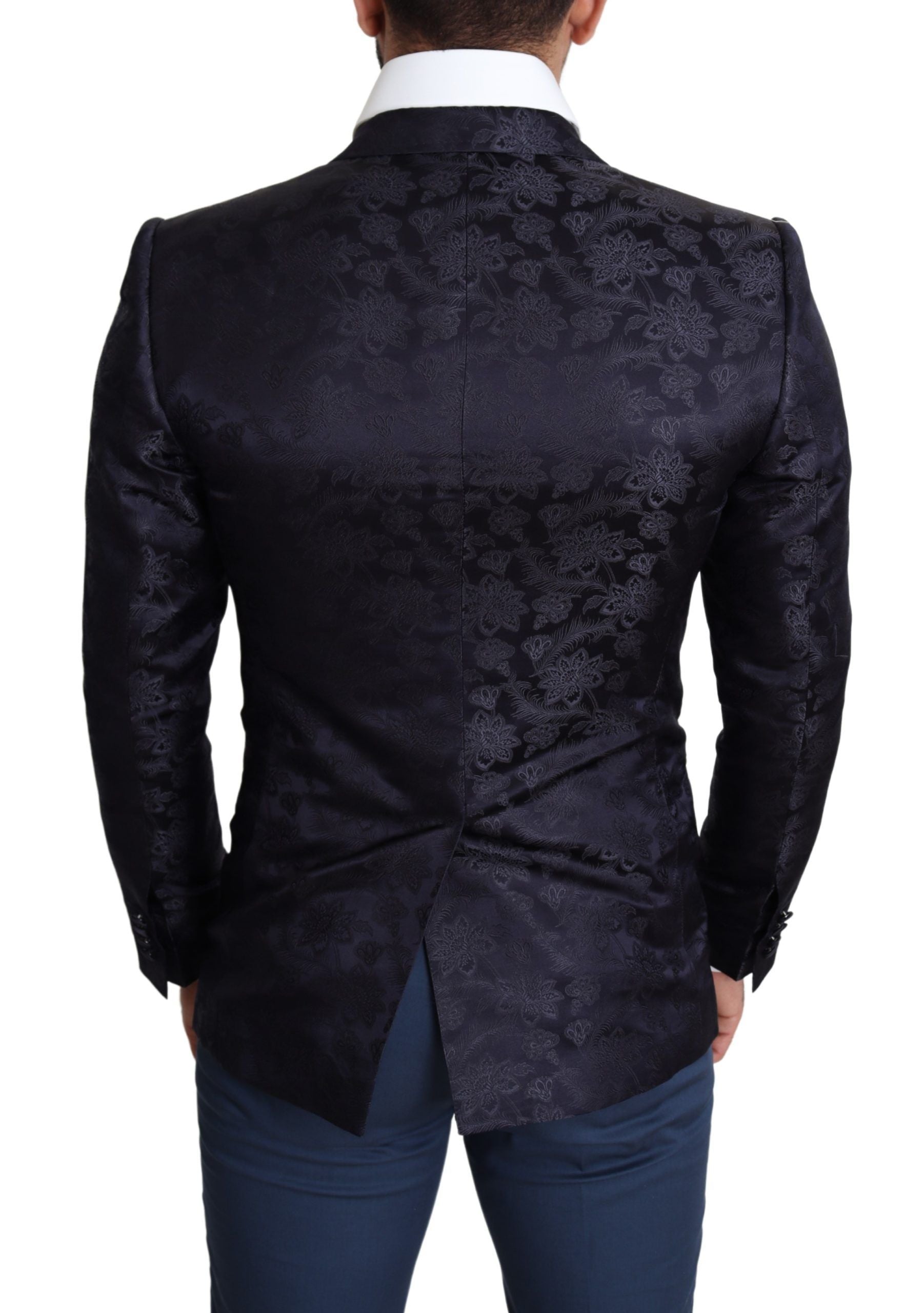 Dolce & Gabbana Blue jacquard silk coat with floral pattern MARTINI Blazer-2