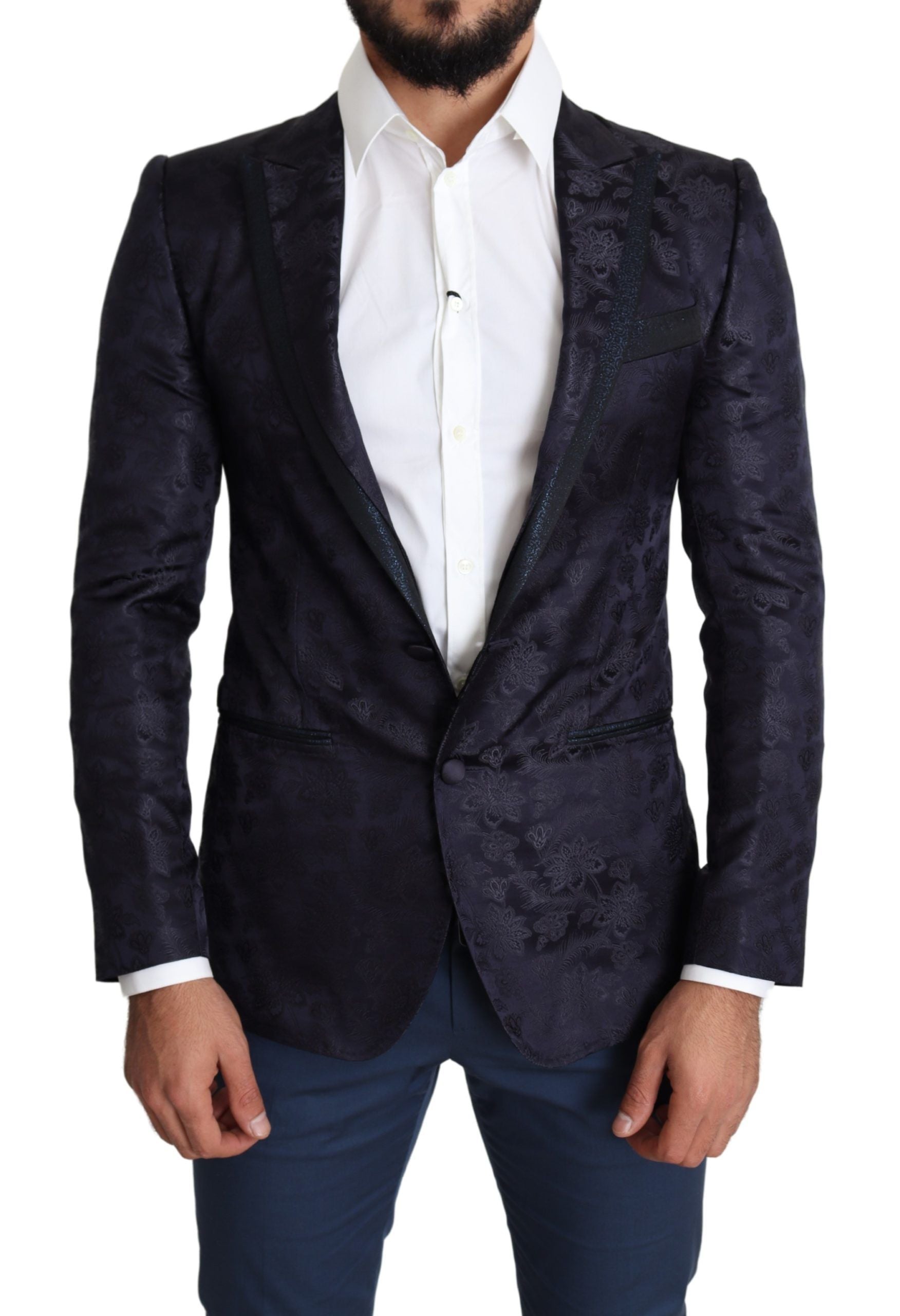 Dolce & Gabbana Blue jacquard silk coat with floral pattern MARTINI Blazer