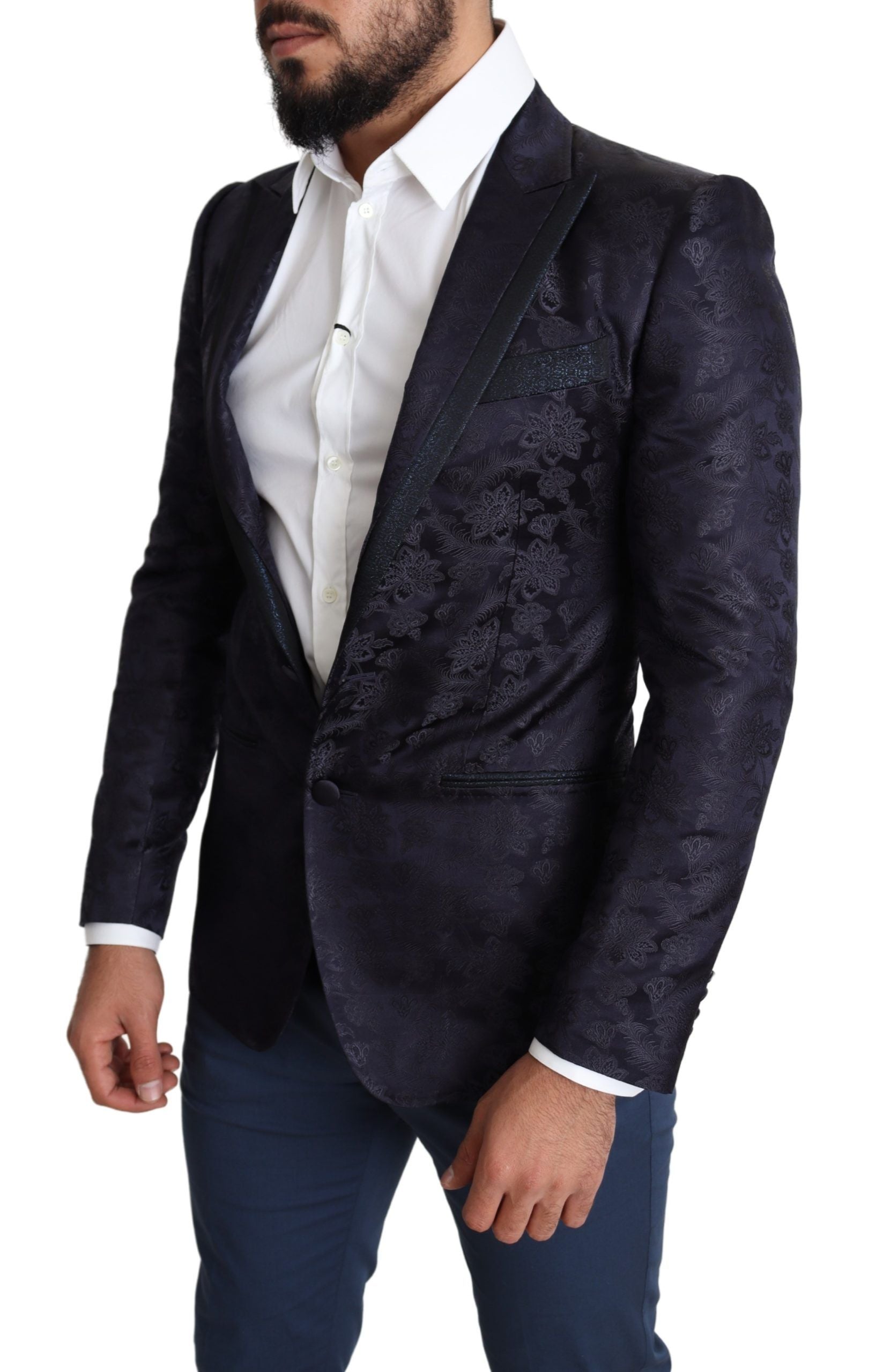 Dolce & Gabbana Blue jacquard silk coat with floral pattern MARTINI Blazer-7