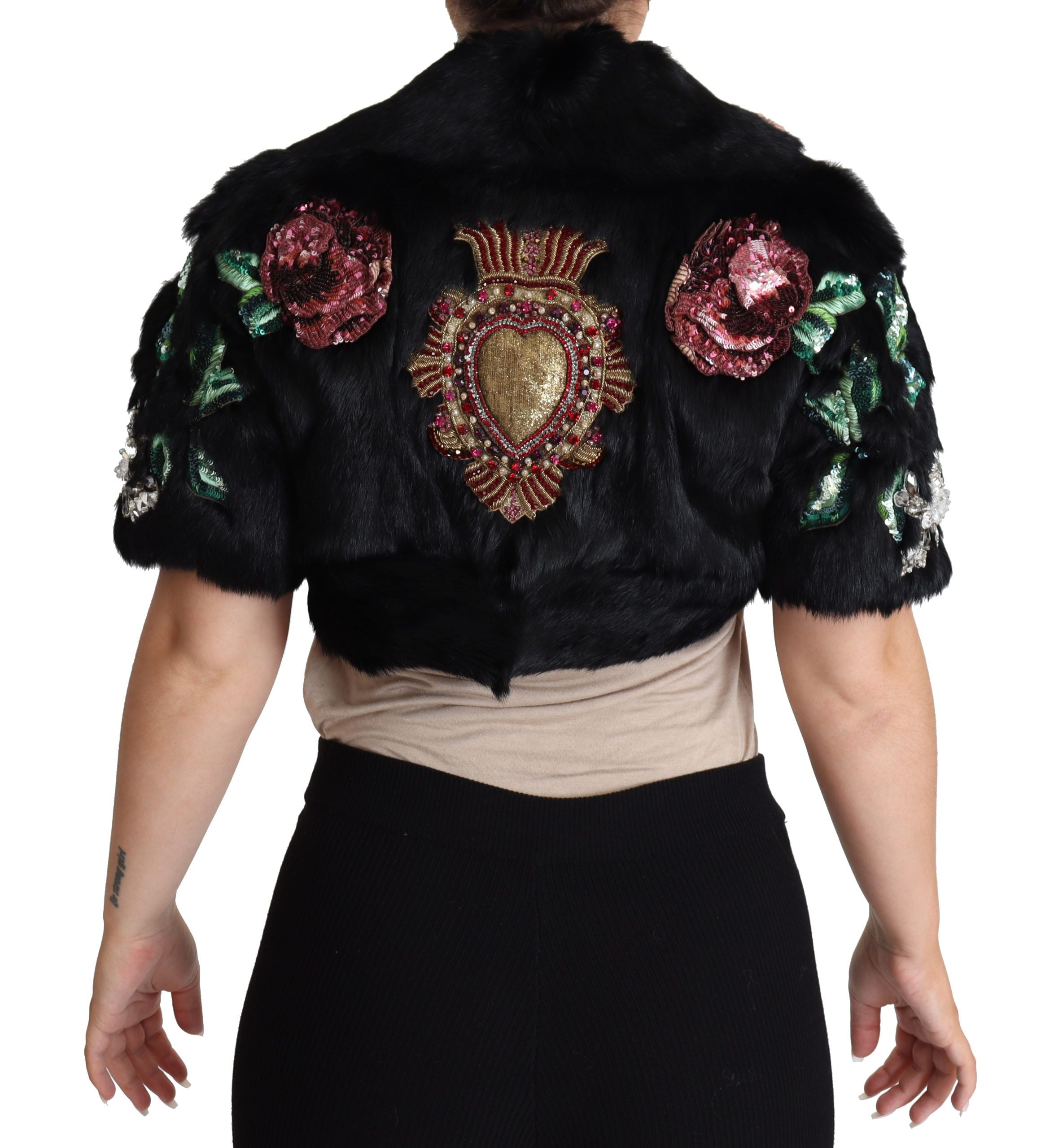 Abrigo de piel de conejo negra con lentejuelas de cristal de Dolce & Gabbana-2