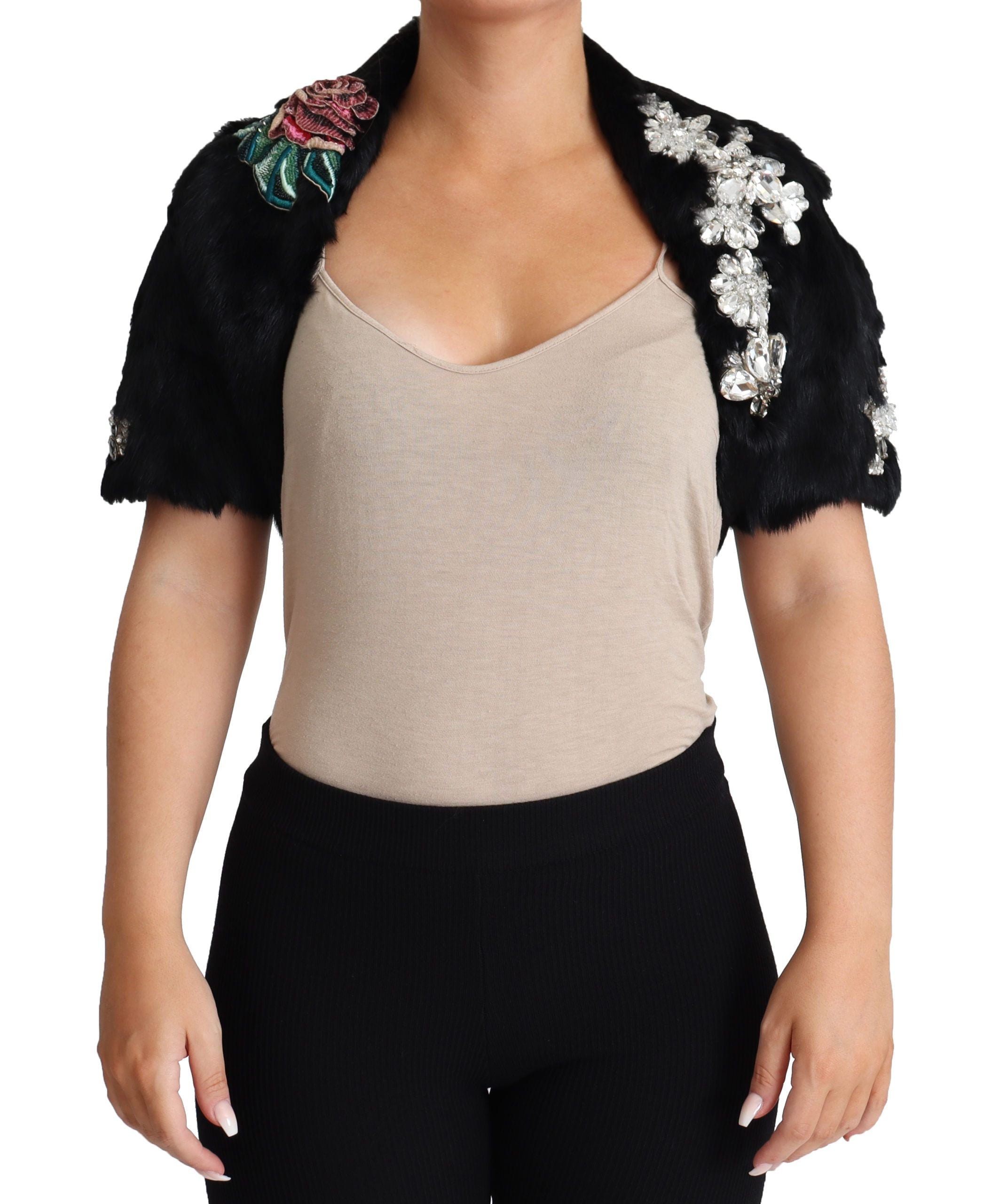 Abrigo de piel de conejo negra con lentejuelas de cristal de Dolce & Gabbana