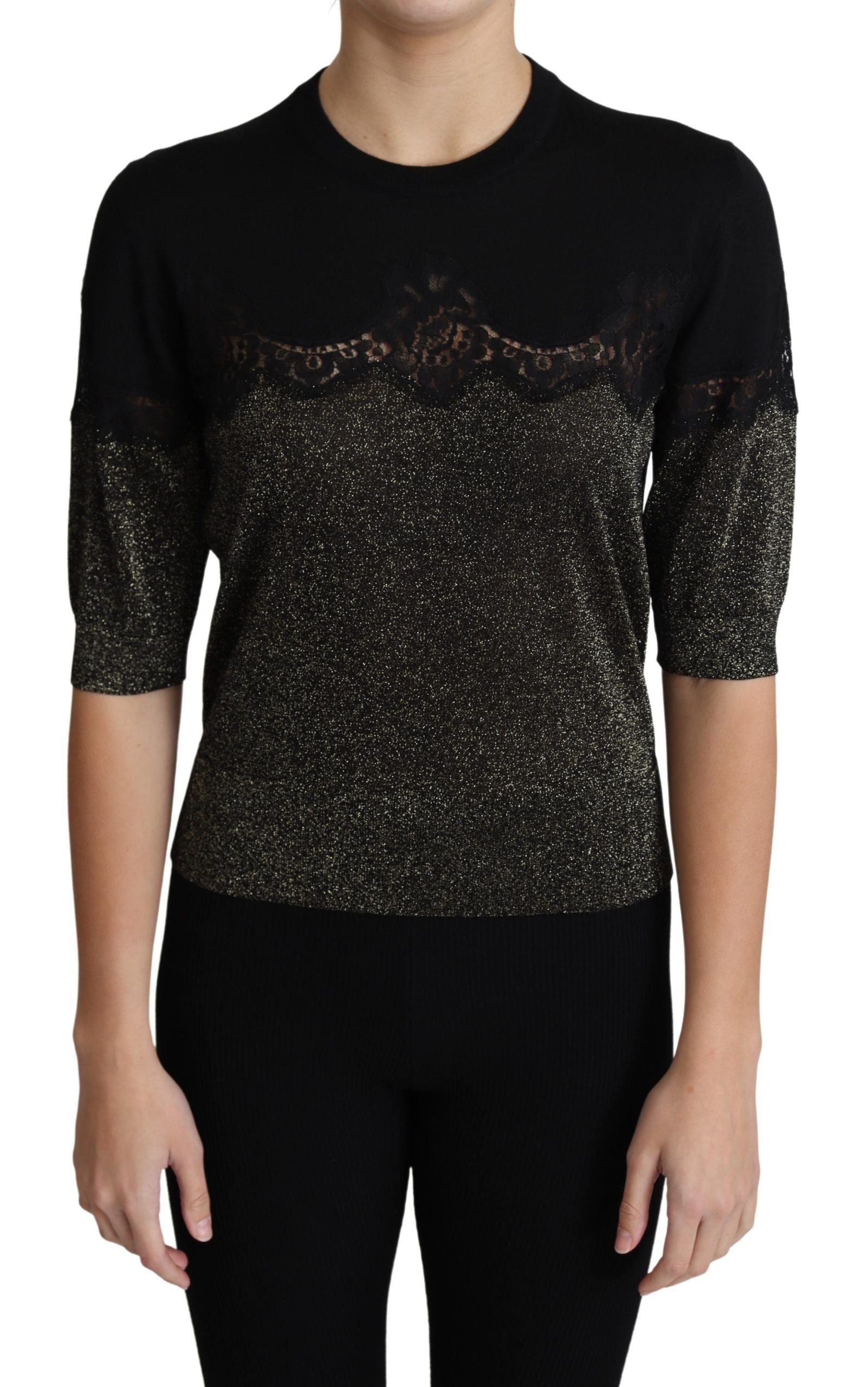 Dolce & Gabbana Black Shiny Lurex Lace Insert Sweater Top