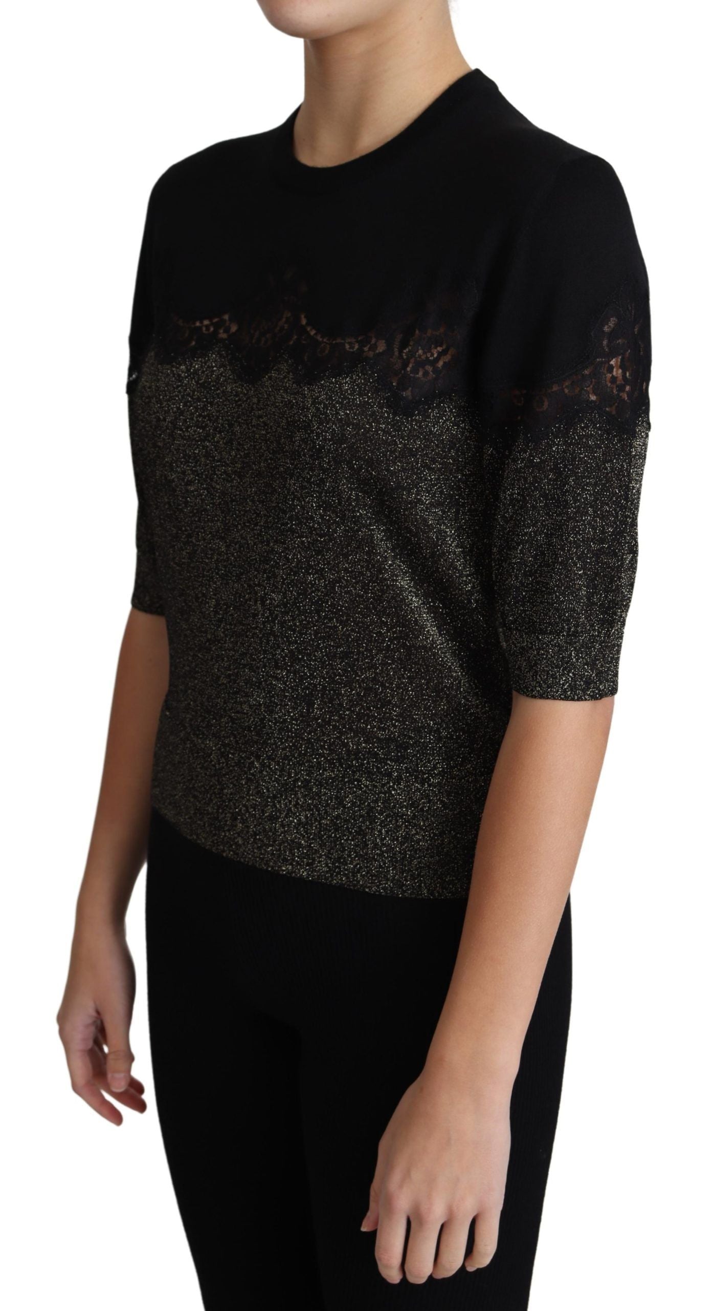 Dolce & Gabbana Black Shiny Lurex Lace Insert Sweater Top-4