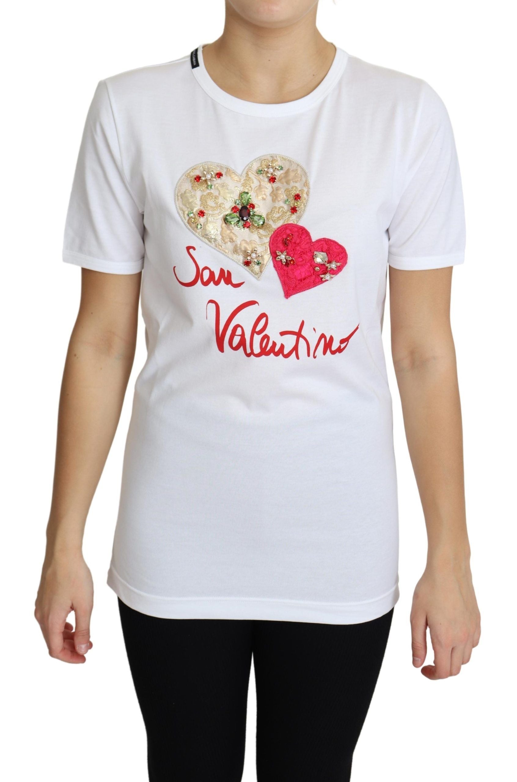 Dolce & Gabbana White San Valentino Heart Crystals T-shirt Top-1