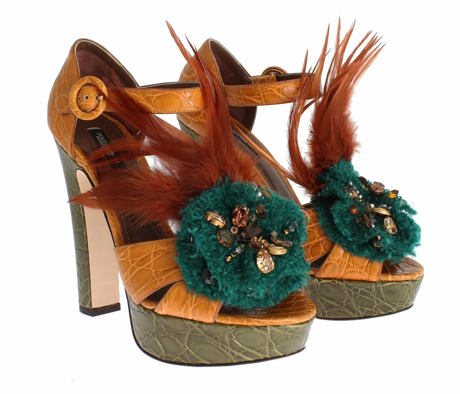 Dolce & Gabbana Orange Leather Crystal Platform Sandal Shoes-3