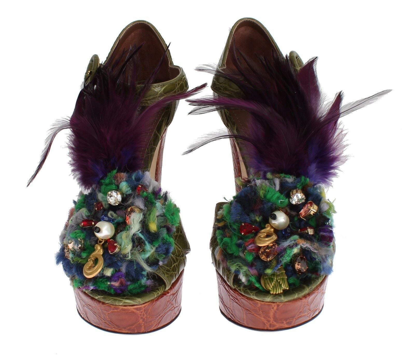 Dolce & Gabbana Green Leather Crystal Platform Sandal Shoes-2