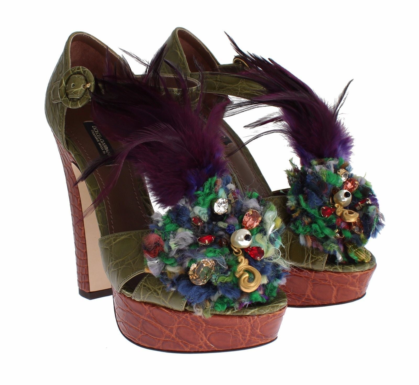 Dolce & Gabbana Green Leather Crystal Platform Sandal Shoes-3