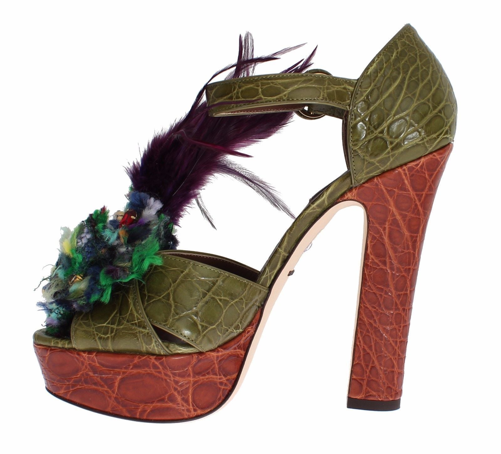 Dolce & Gabbana Green Leather Crystal Platform Sandal Shoes-5