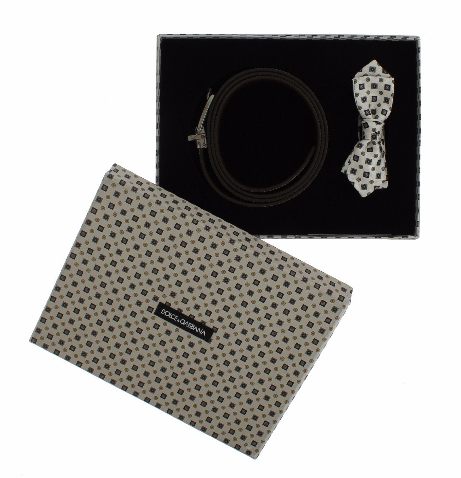 Pajarita de seda blanca Dolce & Gabbana con cinturón de cuero para hombre en caja de regalo-2