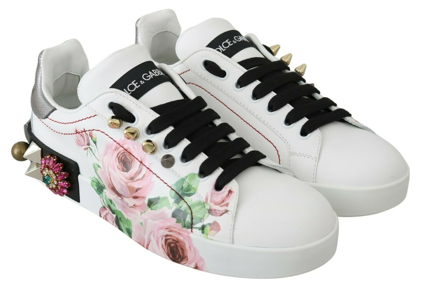 Dolce & Gabbana White Leather Crystal Rose Floral Sneakers Shoes-7