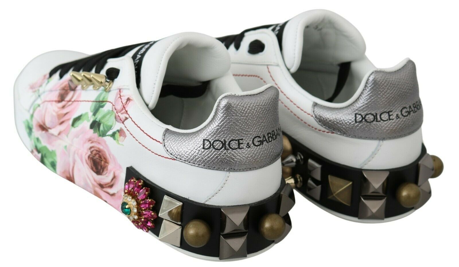 Dolce & Gabbana White Leather Crystal Rose Floral Sneakers Shoes-8