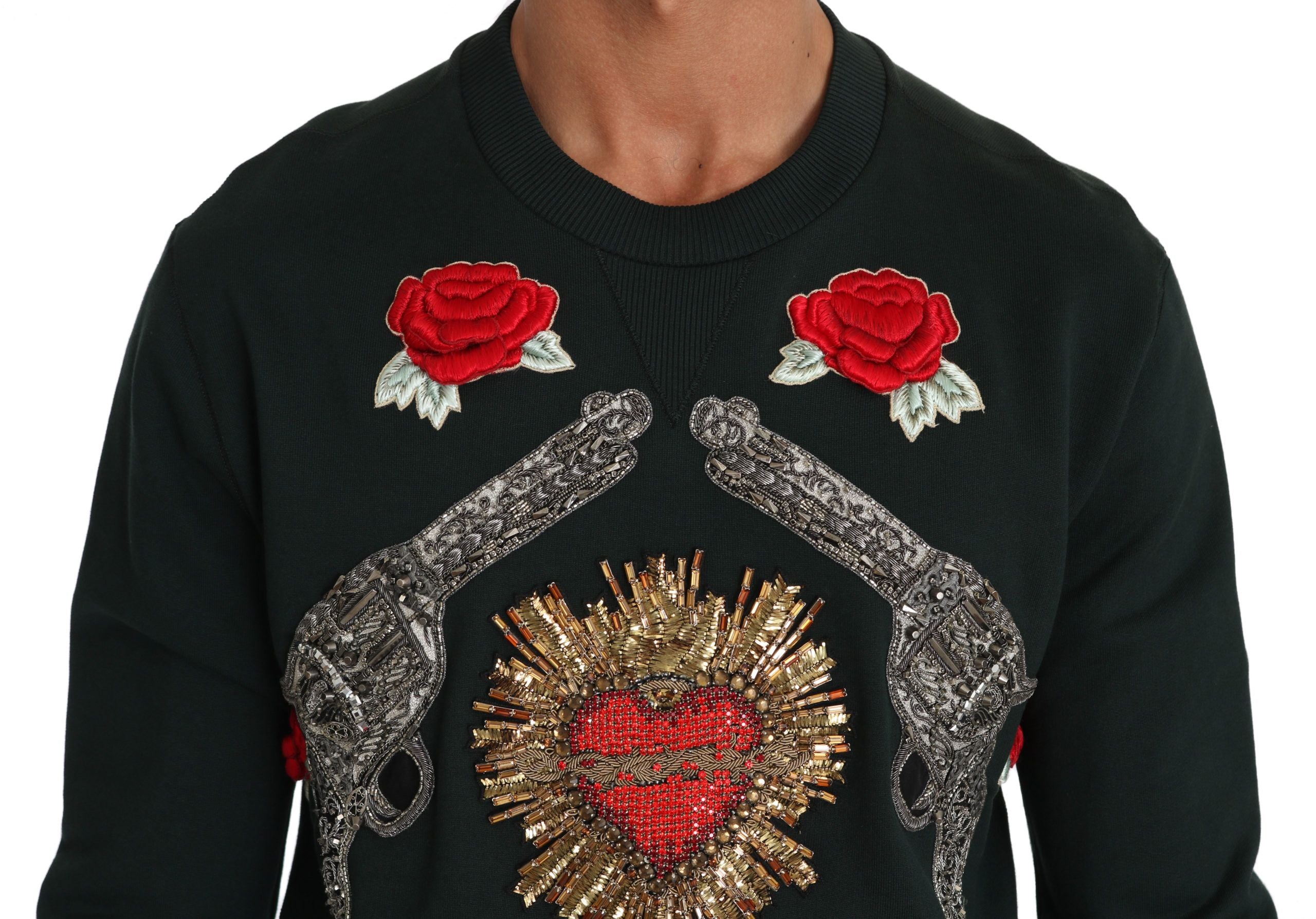 Dolce & Gabbana Green Crystal Heart Rose Gun Sweater-3