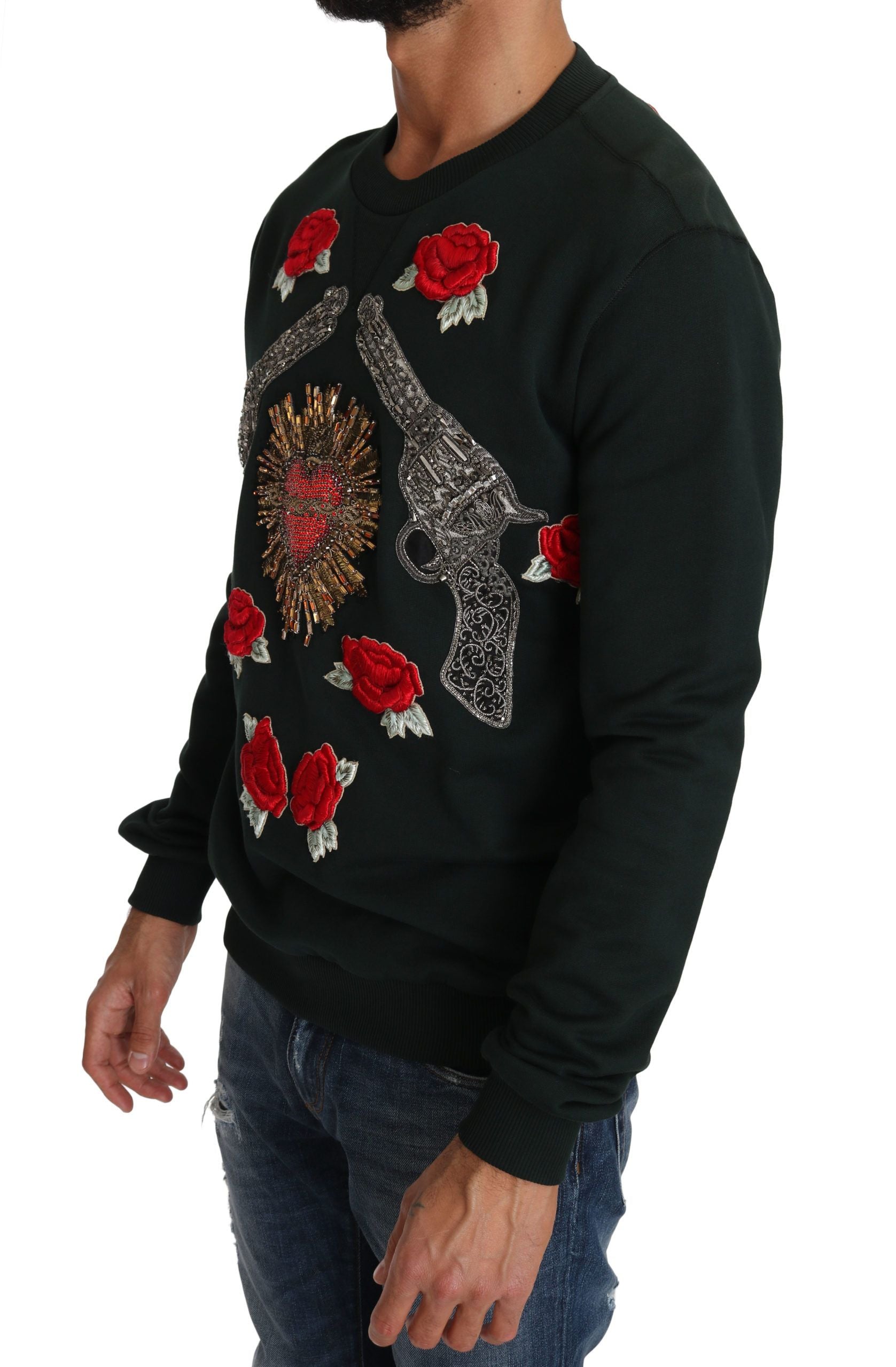 Dolce & Gabbana Green Crystal Heart Rose Gun Sweater-4