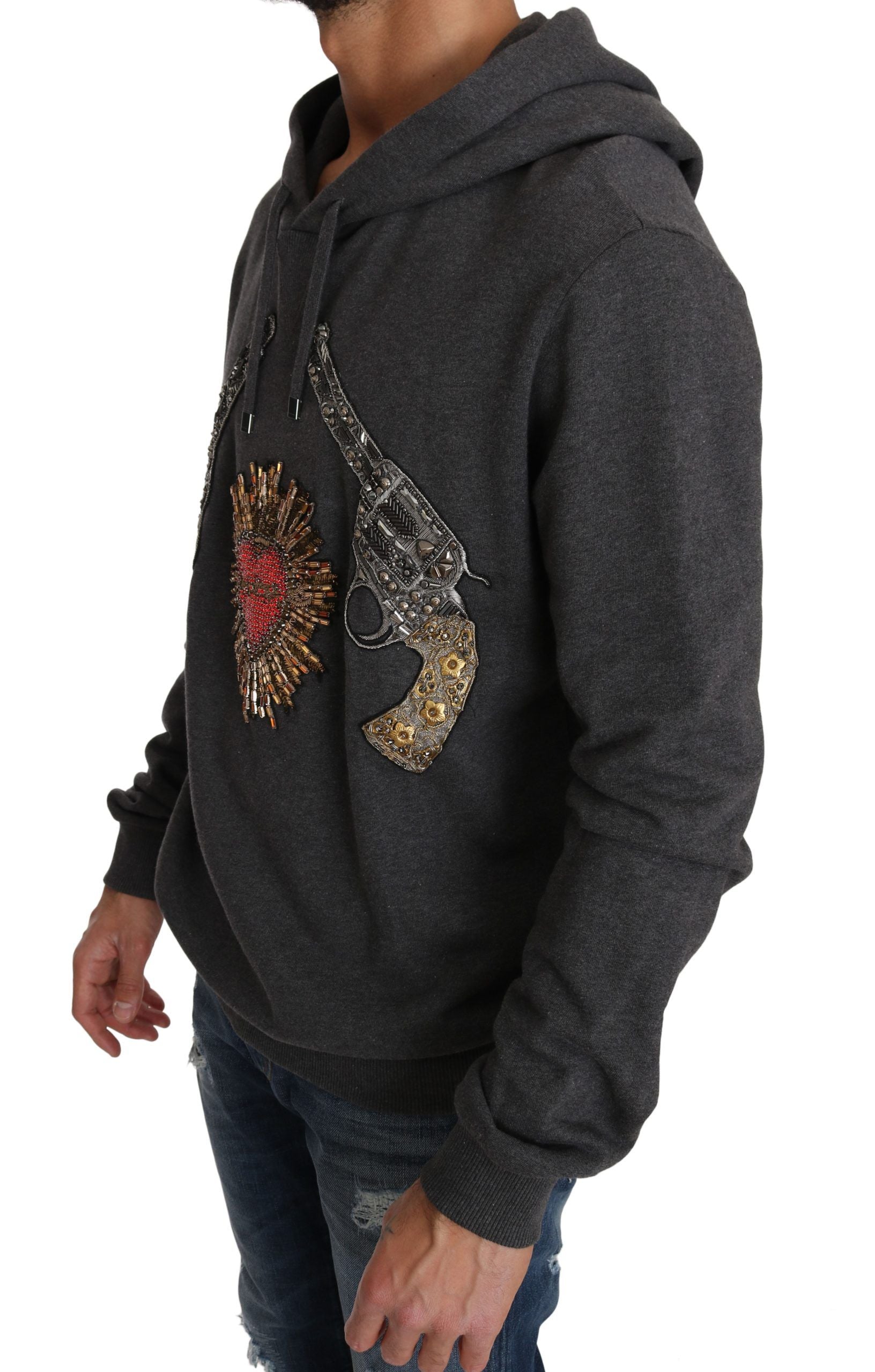 Dolce & Gabbana Grauer Pullover mit Kapuze und rotem Kristallherz Gun-2