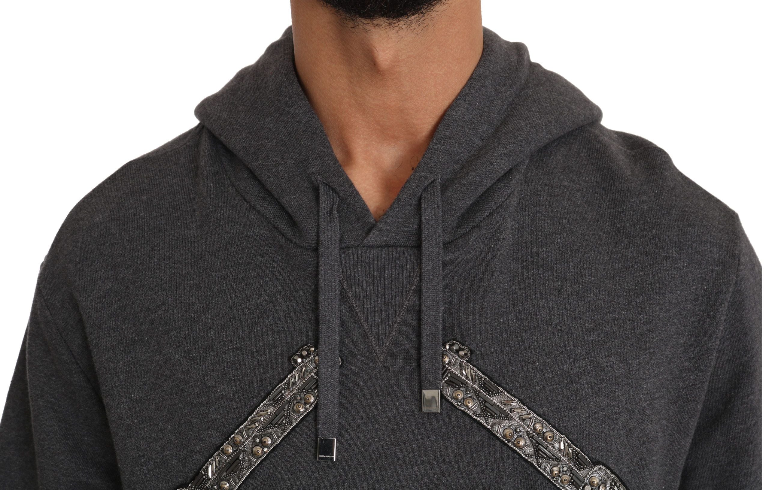 Dolce & Gabbana Grauer Pullover mit Kapuze und rotem Kristallherz Gun-4