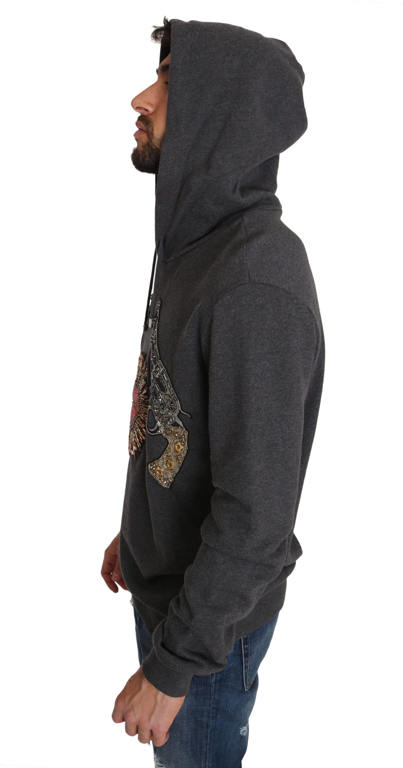 Dolce & Gabbana Grauer Pullover mit Kapuze und rotem Kristallherz Gun-5
