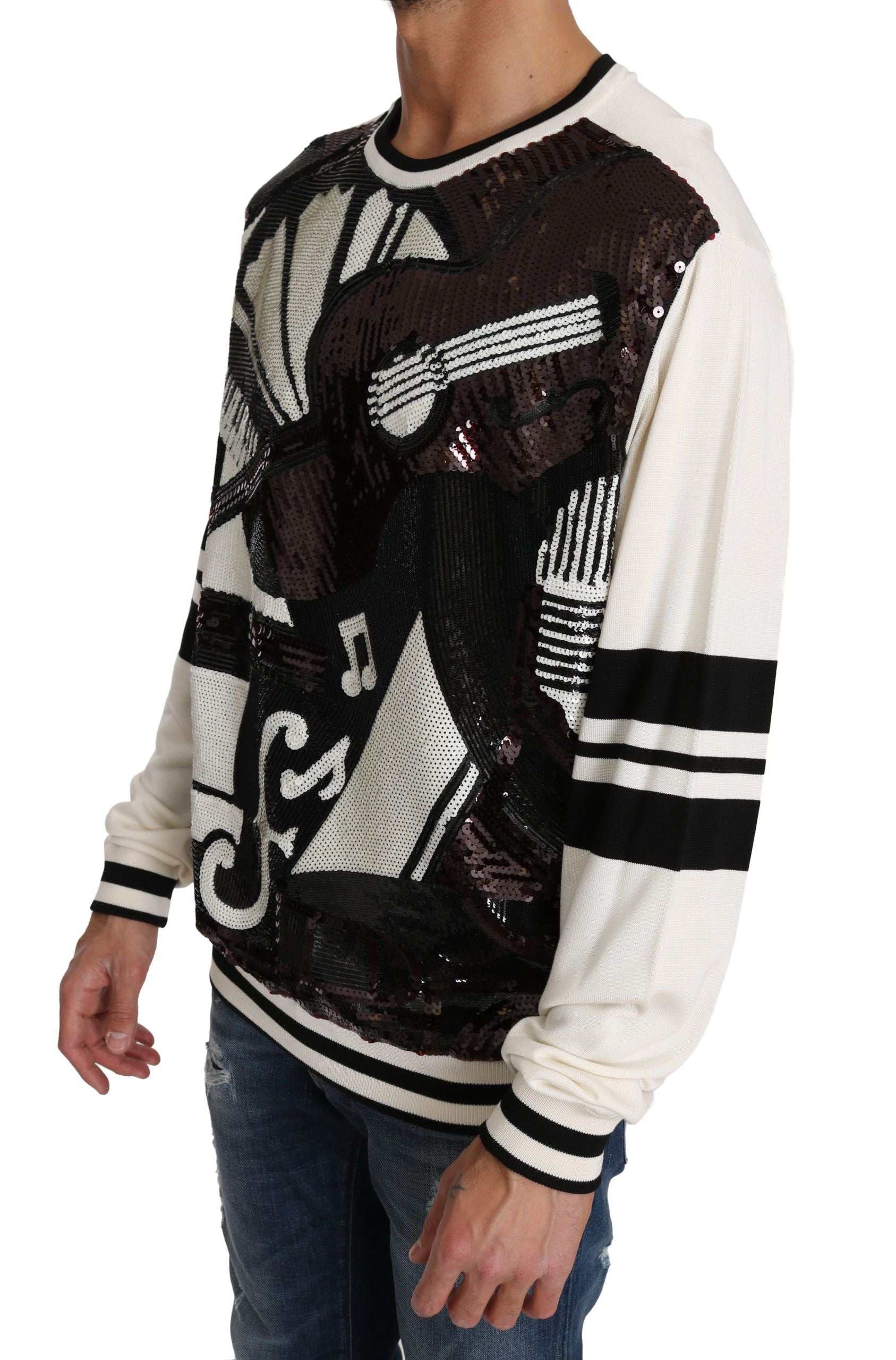 Dolce & Gabbana White Jazz Sequin Guitar Sweater Top Pullover-2
