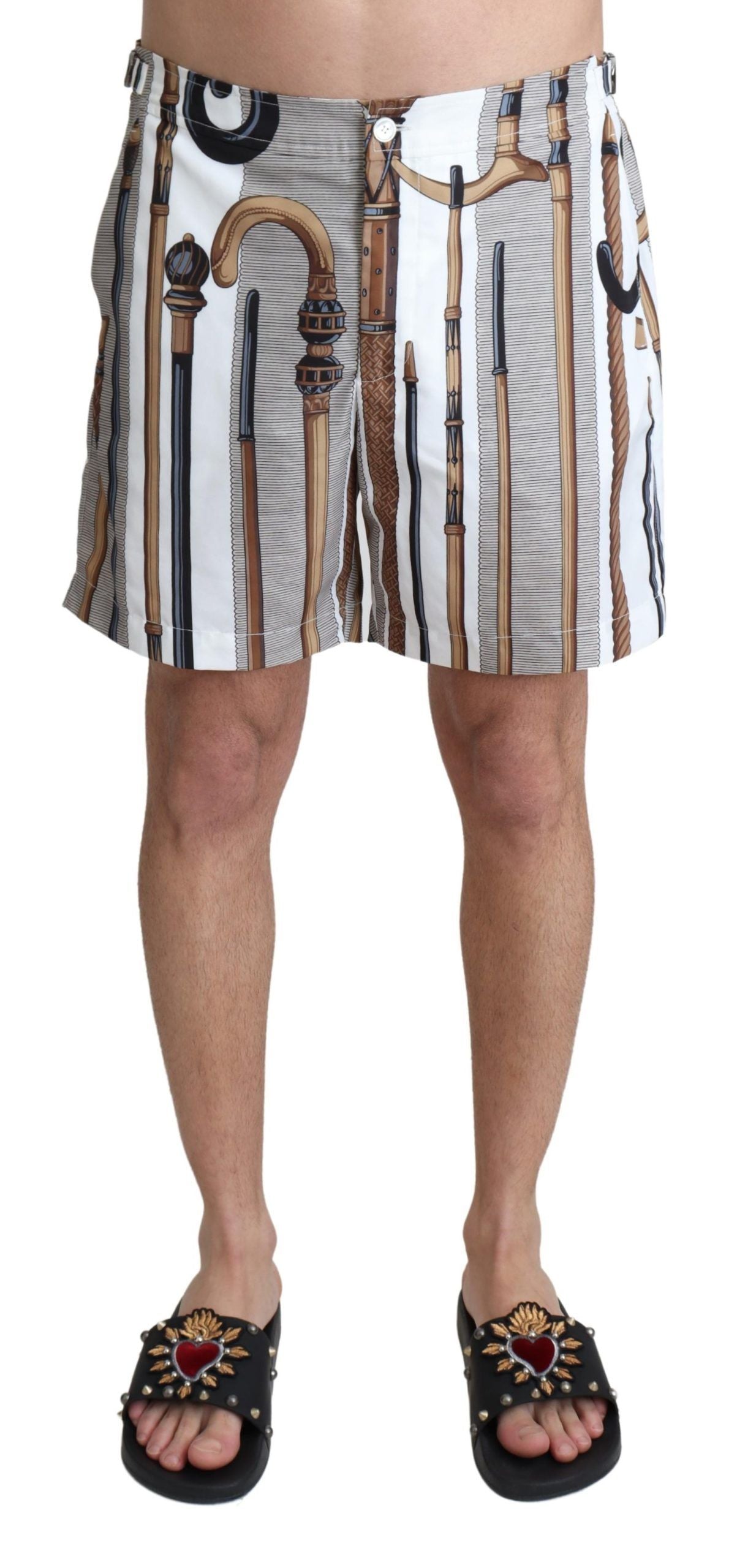 Dolce & Gabbana White Walking Stick Beachwear Shorts Swim Shorts-1