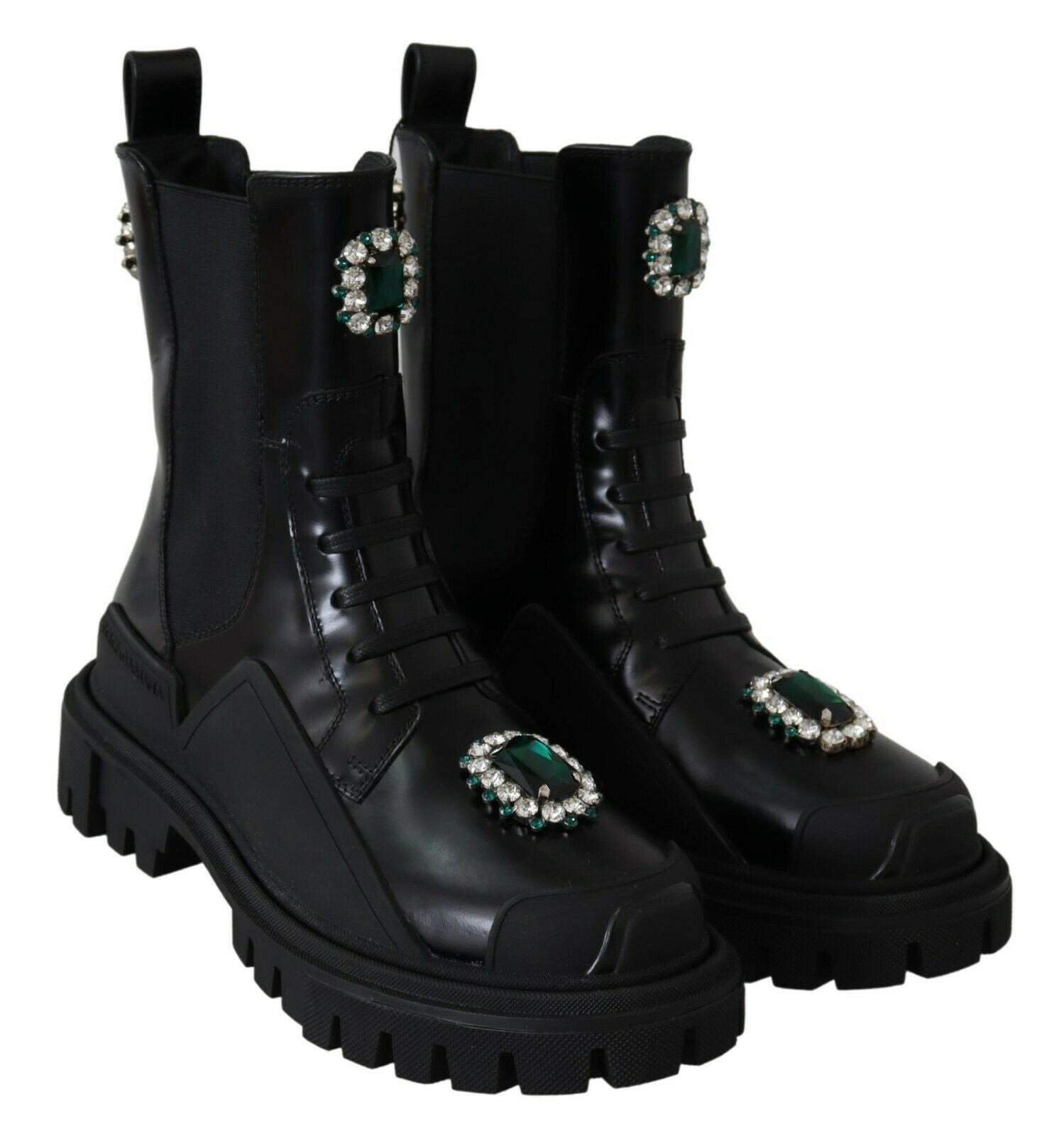 Dolce & Gabbana Black Leather Crystal Combat Boots-2