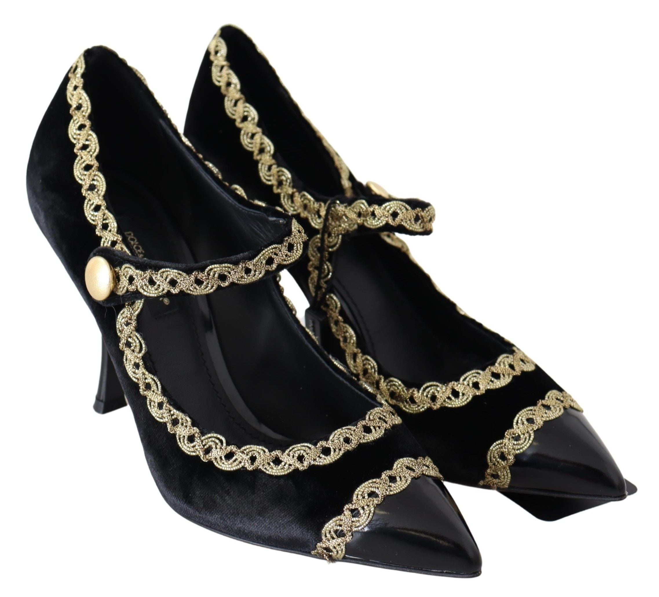 Dolce & Gabbana Black Velvet Gold Mary Jane Pumps-3
