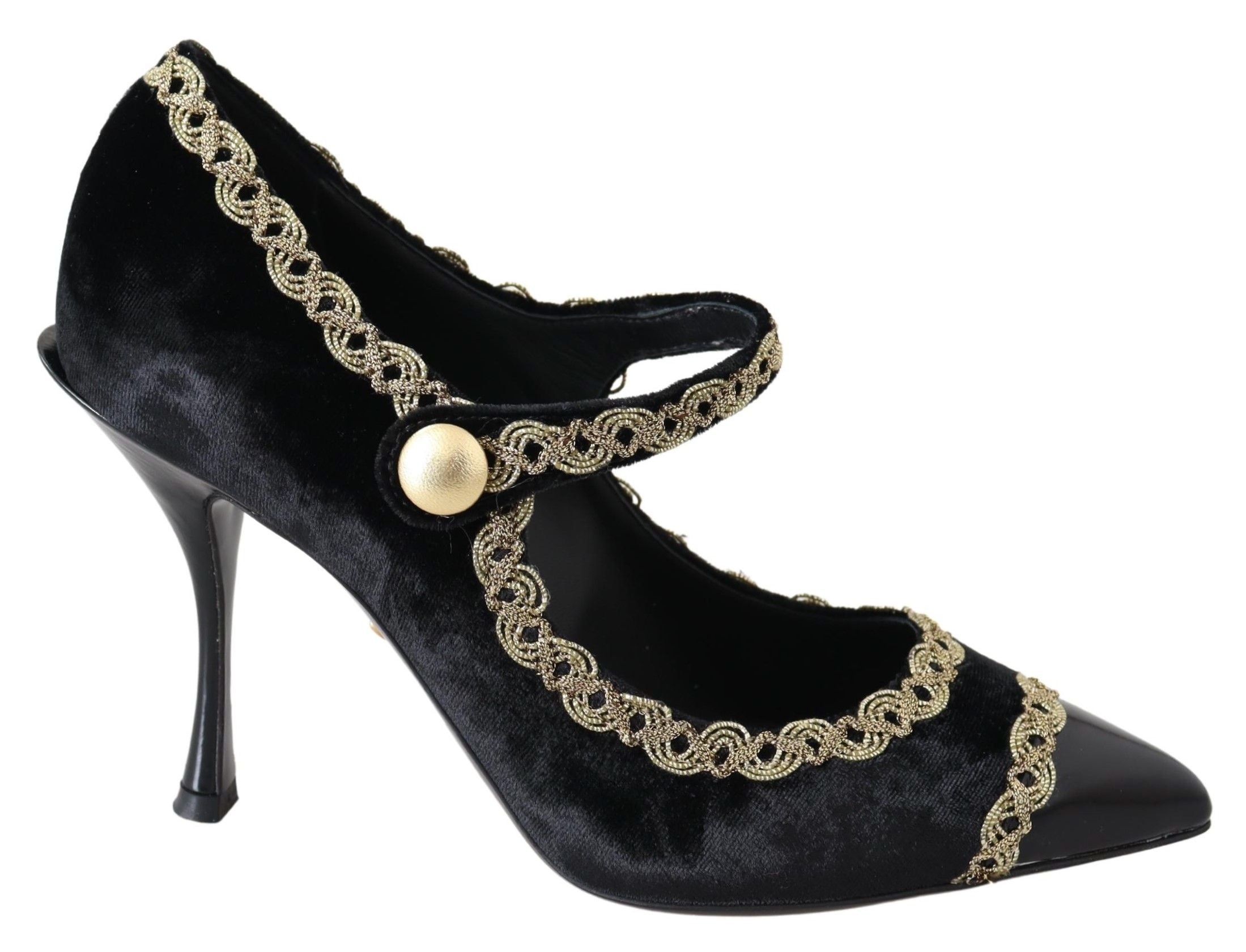 Dolce & Gabbana Black Velvet Gold Mary Jane Pumps-1