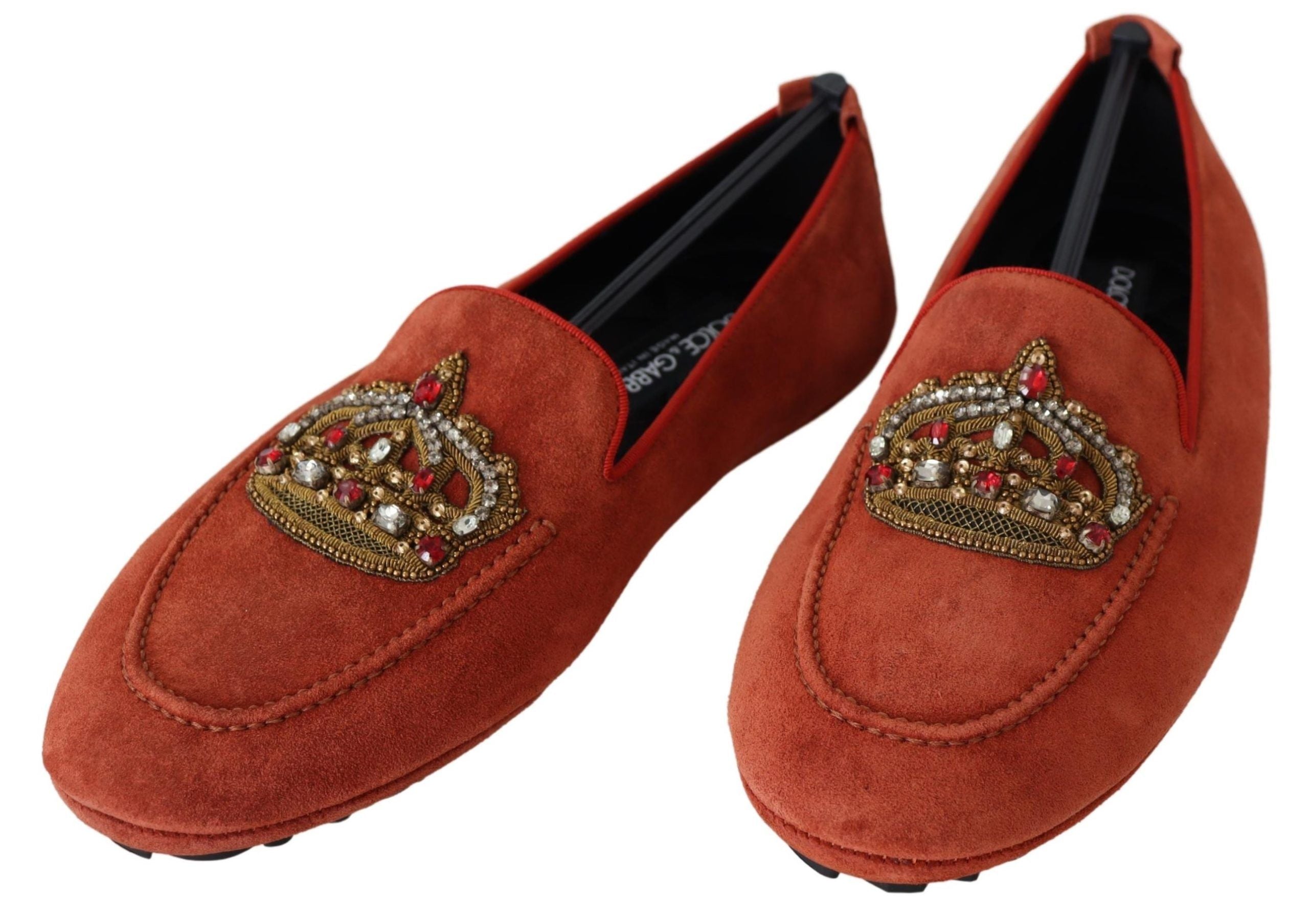 Dolce & Gabbana Orange Leather Crystal Crown Loafers Shoes-2