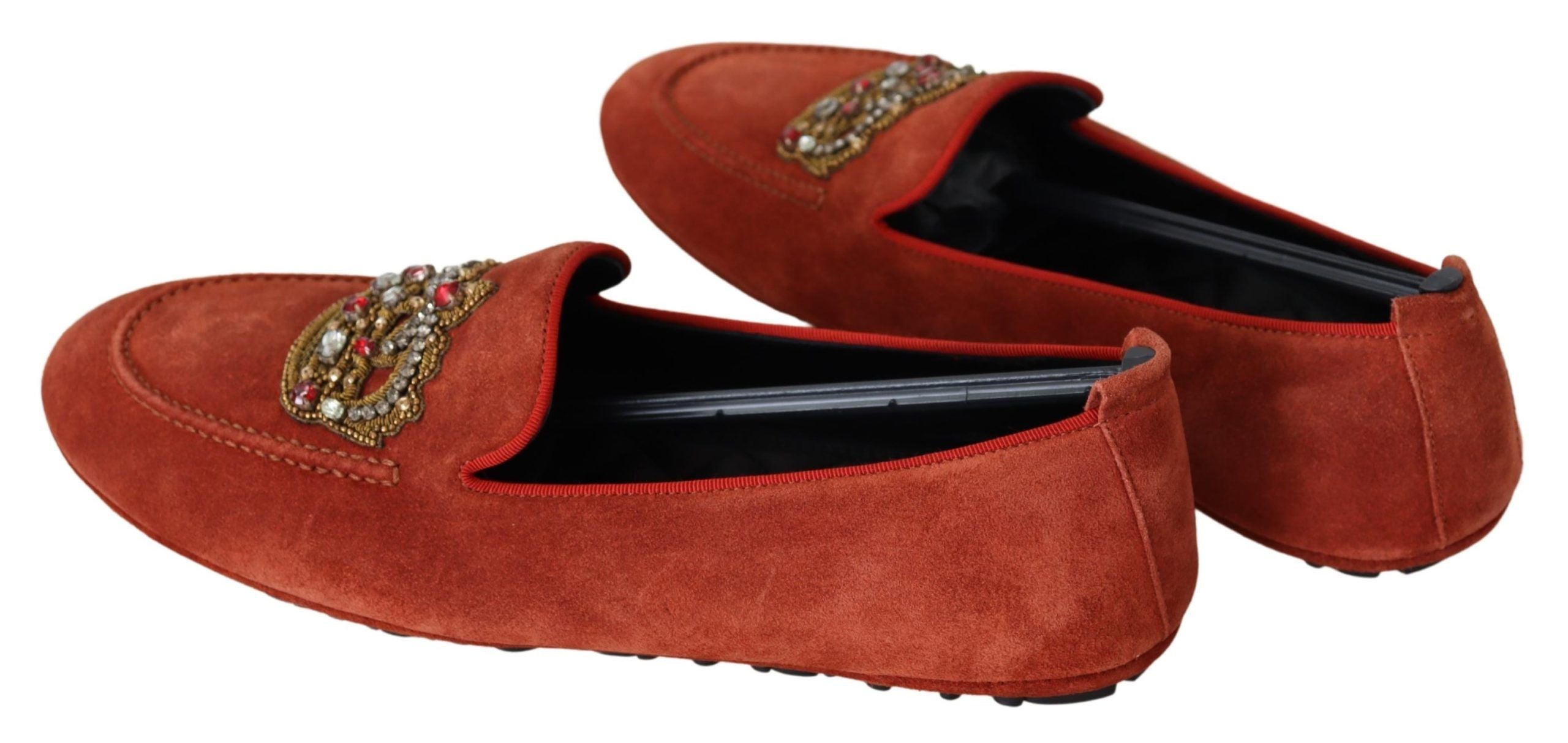 Dolce & Gabbana Orange Leather Crystal Crown Loafers Shoes-3