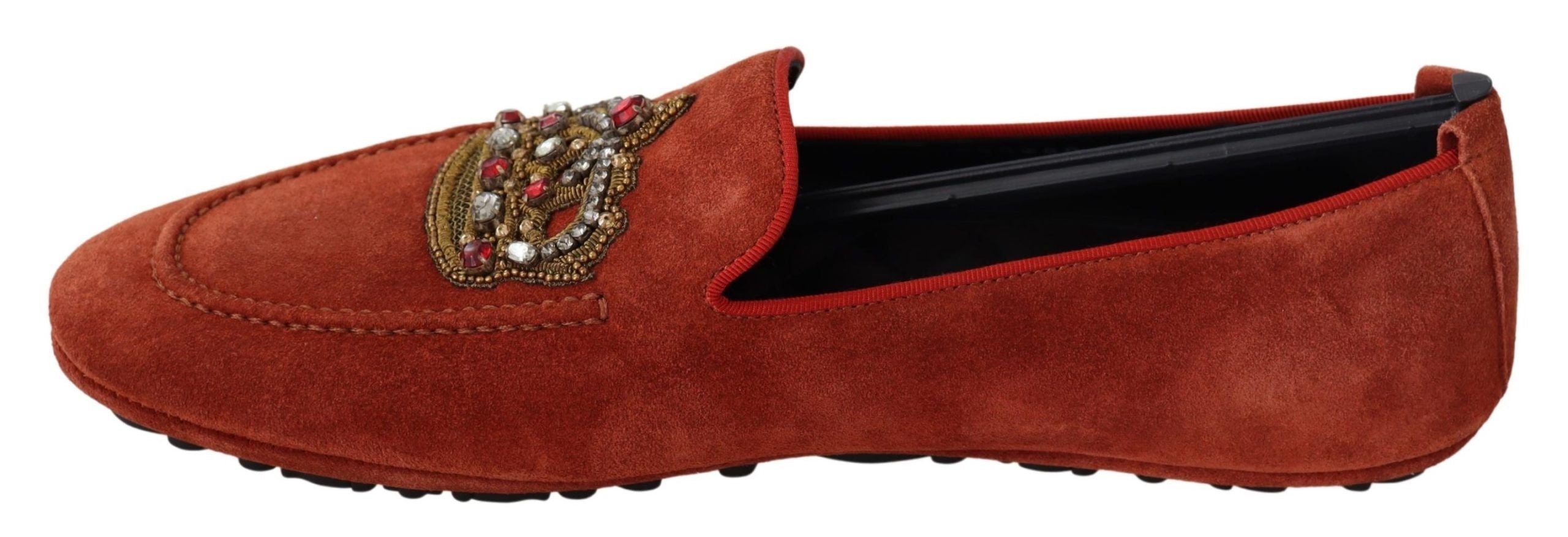 Dolce & Gabbana Orange Leather Crystal Crown Loafers Shoes-4