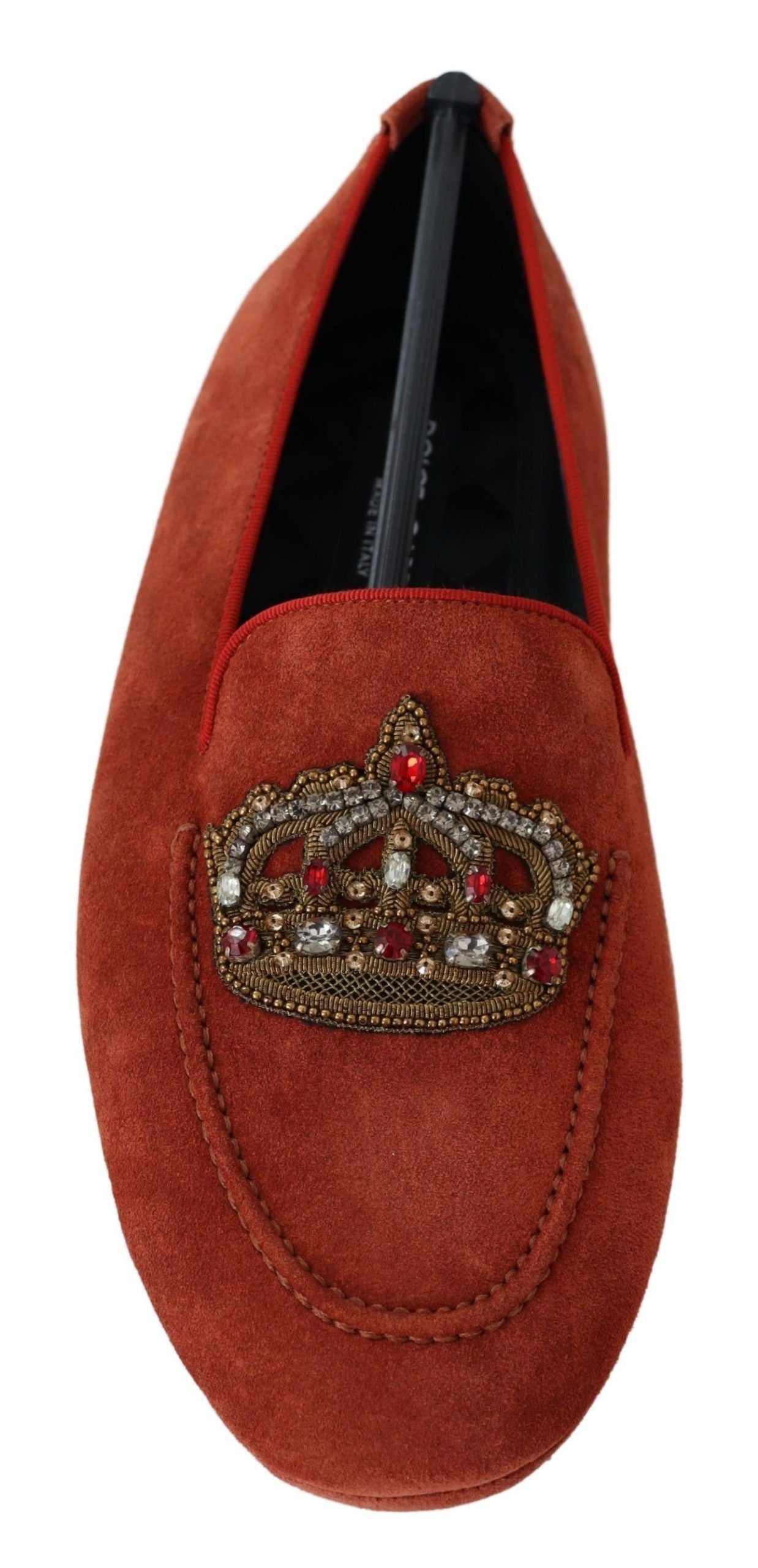 Dolce & Gabbana Orange Leather Crystal Crown Loafers Shoes-6