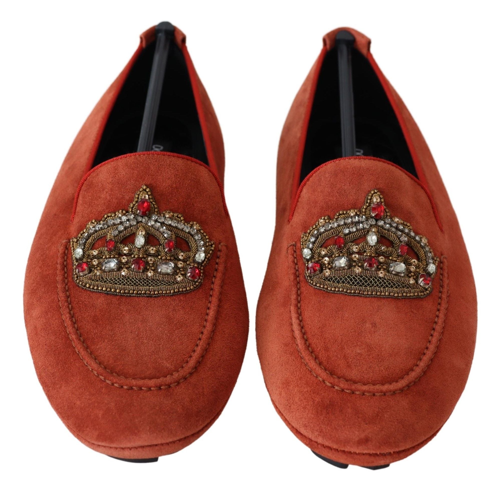 Dolce & Gabbana Orange Leather Crystal Crown Loafers Shoes-7