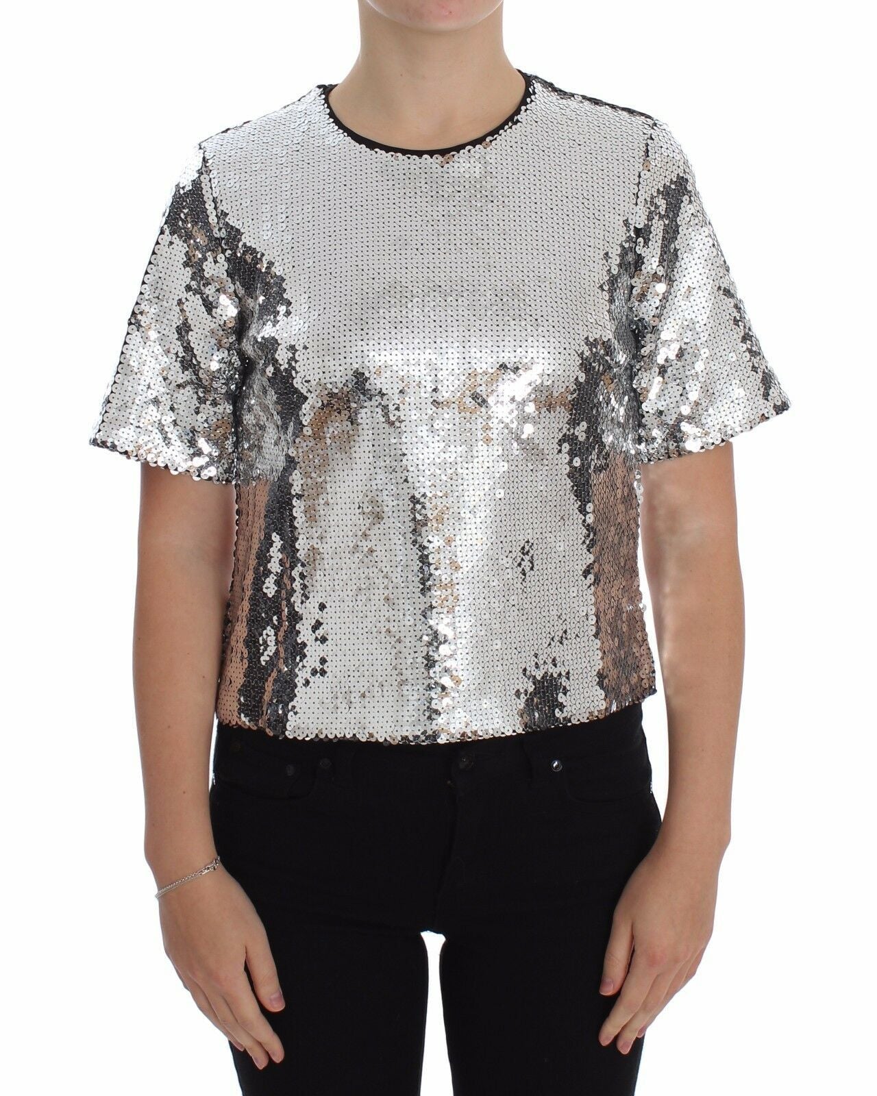 Dolce & Gabbana Silver sequined blouse with round neck T-shirt top