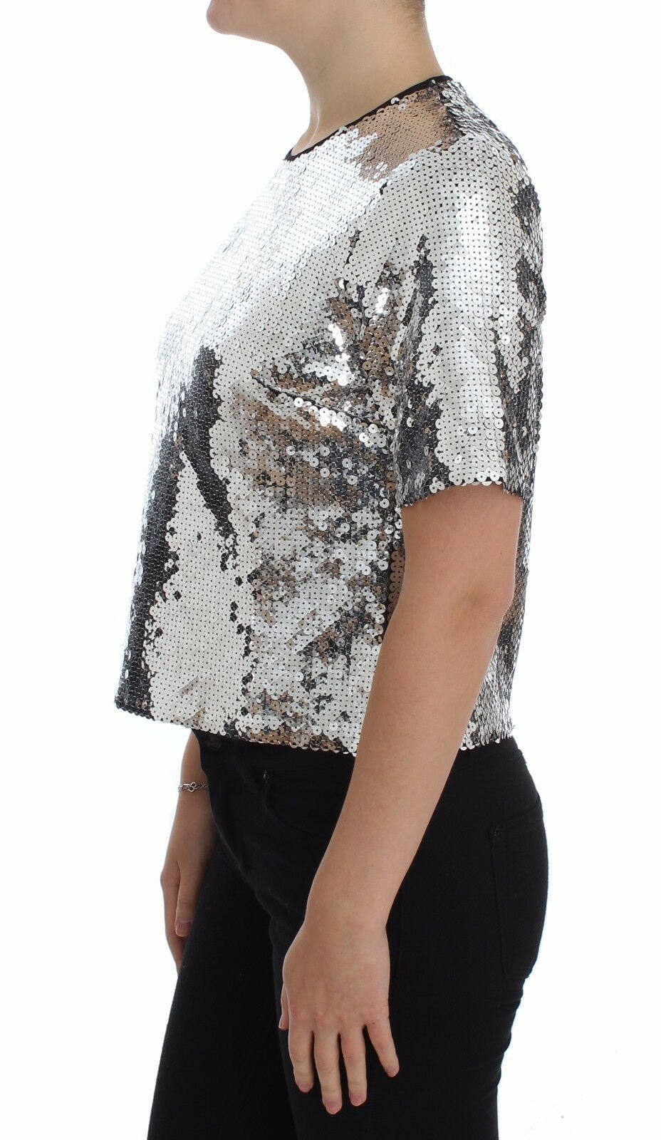 Dolce & Gabbana Silver sequined blouse with round neck T-shirt top-2
