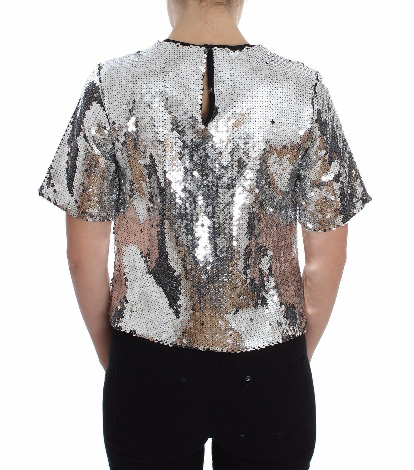 Dolce & Gabbana Silver sequined blouse with round neck T-shirt top-3