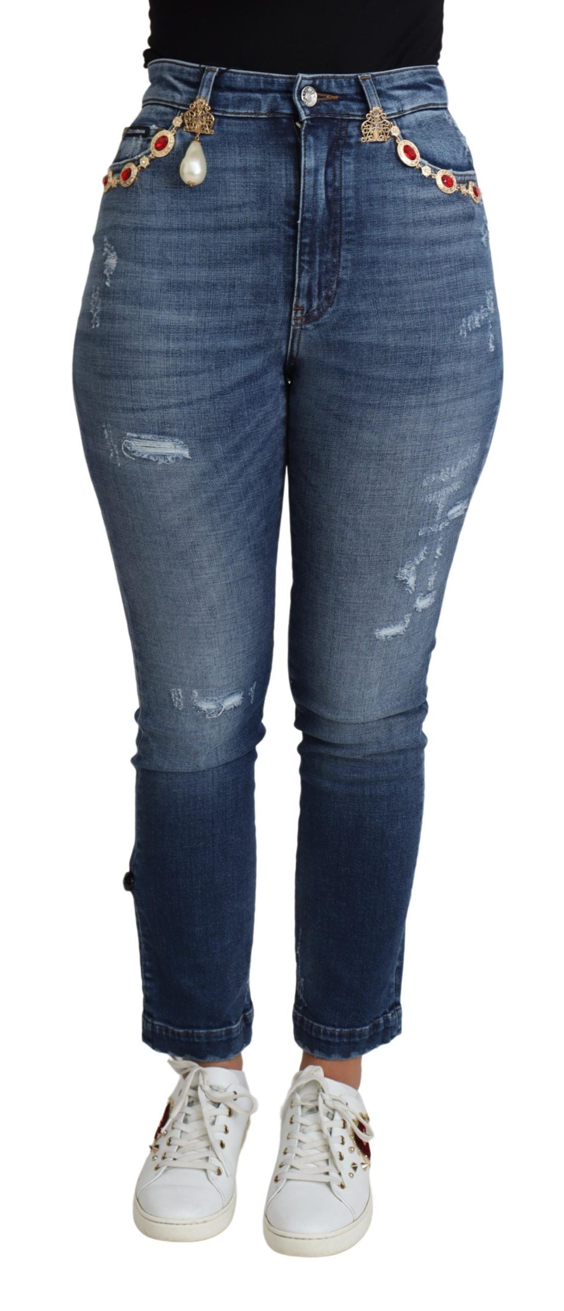Dolce & Gabbana Blue Embellished Skinny Jeans Cotton Jeans