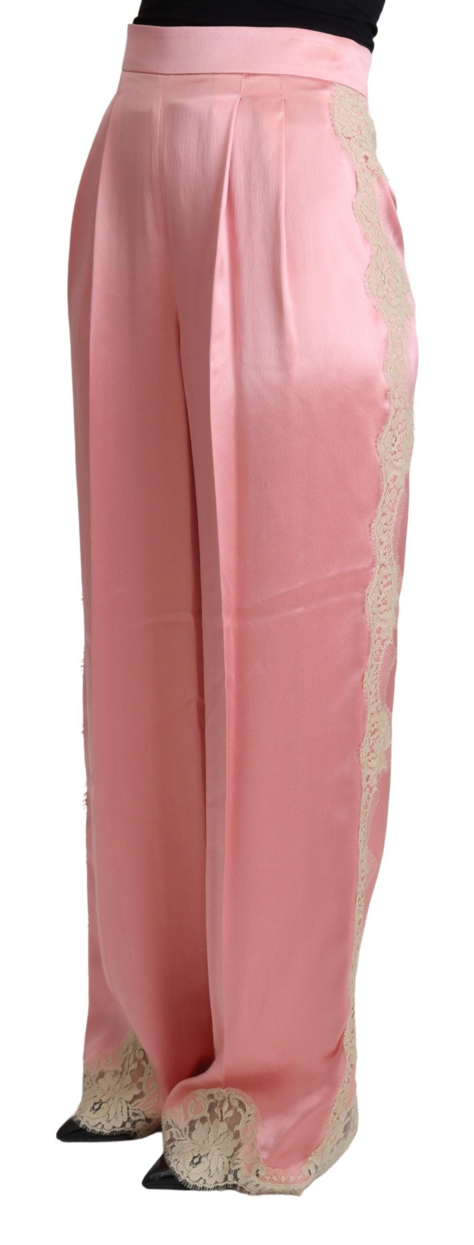 Dolce & Gabbana pink trousers with lace trim in silk satin and wide legs-2