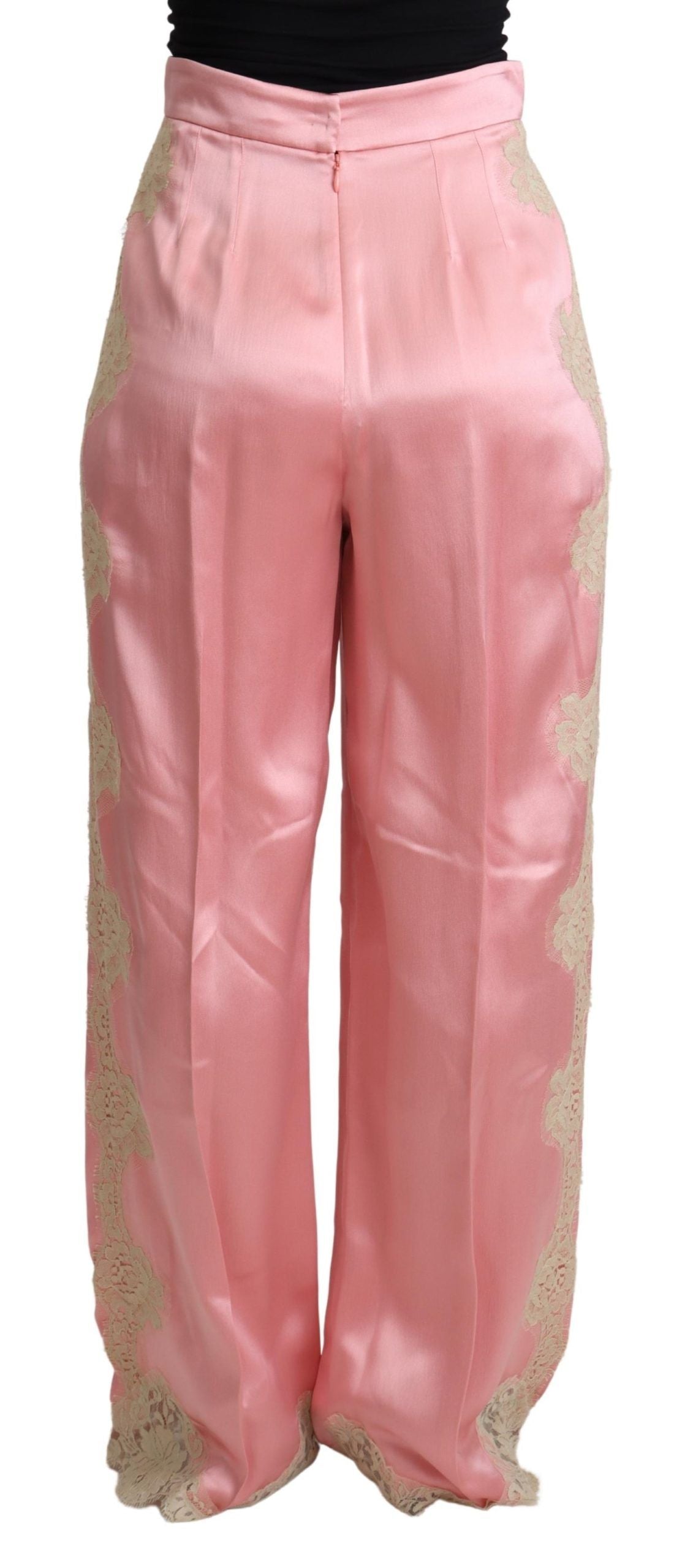 Dolce & Gabbana pink trousers with lace trim in silk satin and wide legs-3