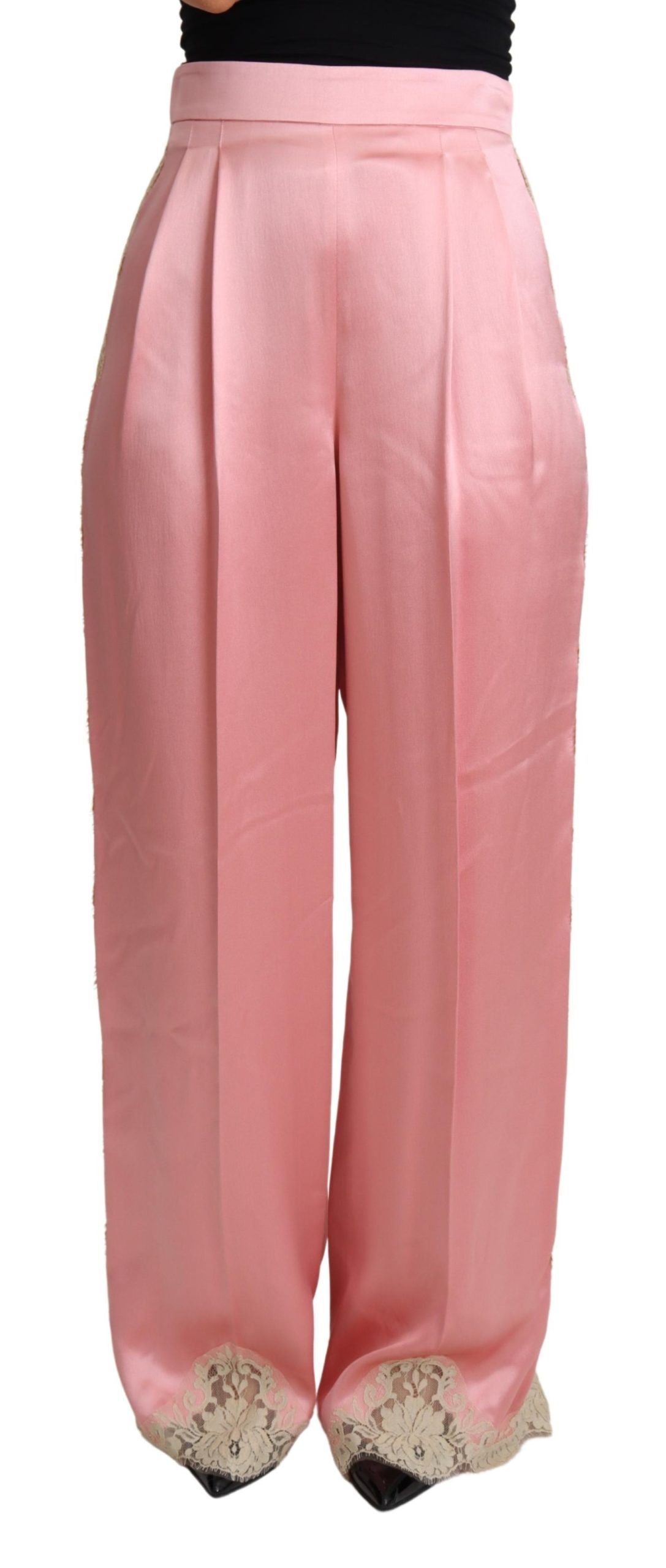Dolce & Gabbana pink trousers with lace trim in silk satin and wide legs