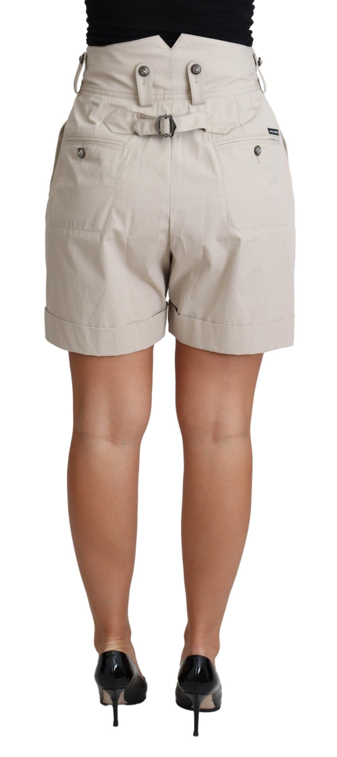 Shorts casuales de cintura alta plisados ​​de algodón beige de Dolce & Gabbana-3