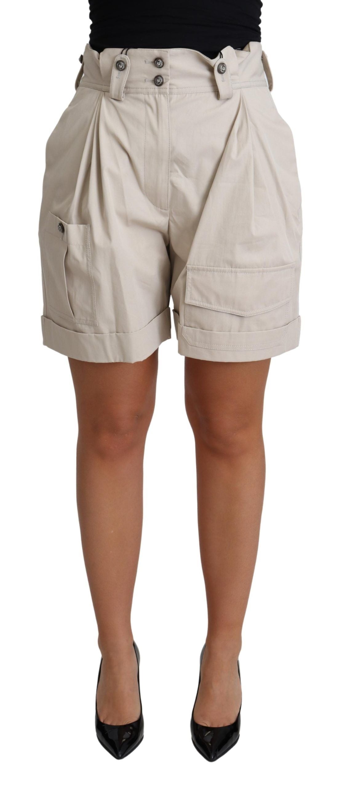 Shorts casuales de cintura alta plisados ​​de algodón beige de Dolce & Gabbana-1