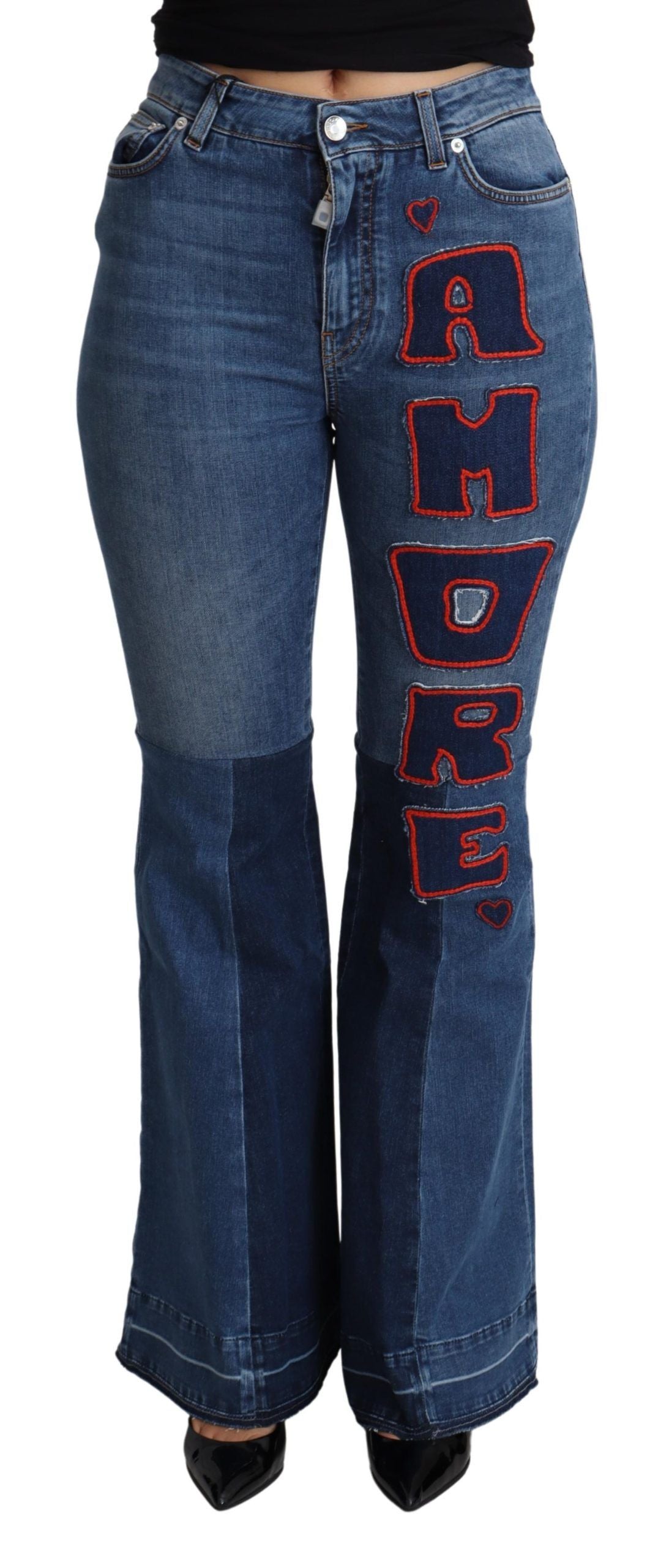 Dolce & Gabbana Blue Amore Patch Boot Cut Cotton Stretch Pants